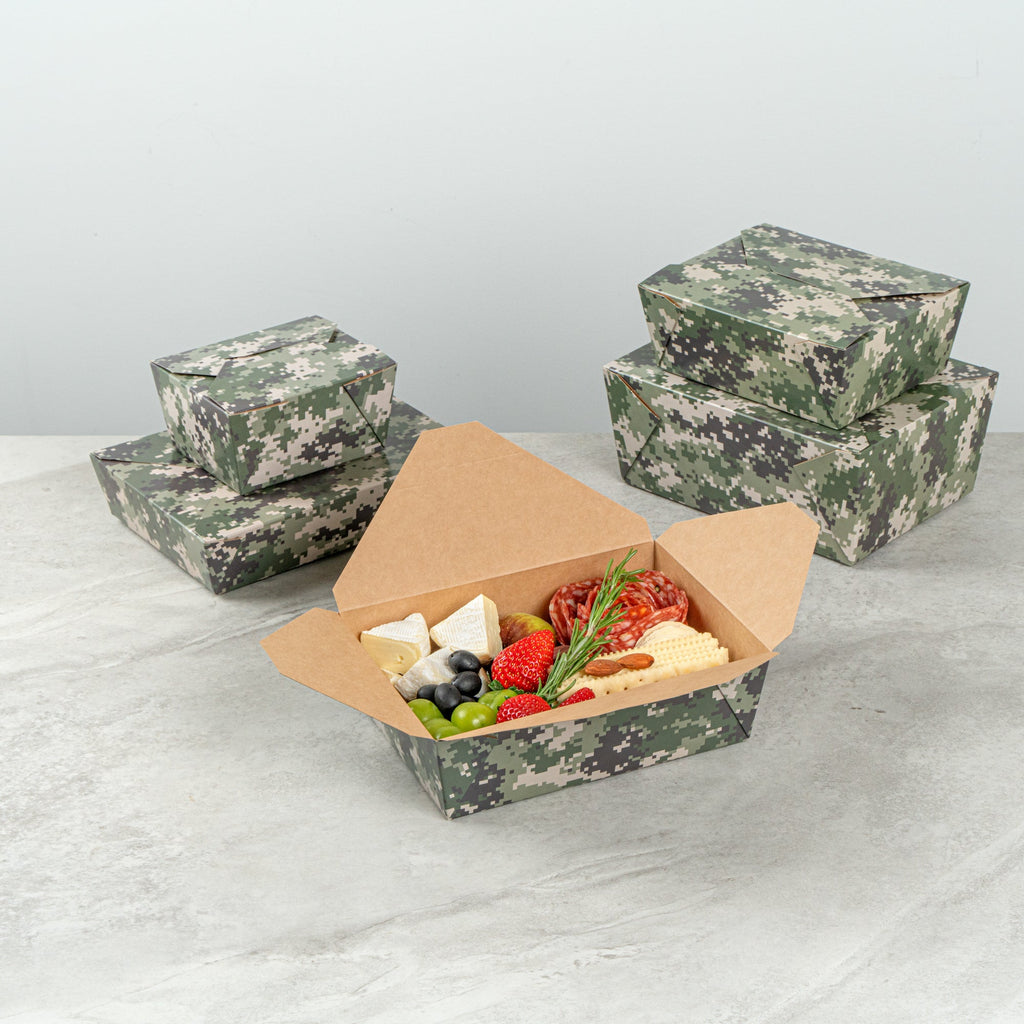 Bio Tek 71 oz Rectangle Camouflage Paper #3 Bio Box Take Out Container - 8 1/2" x 6 1/4" x 2 1/2" -50 count box