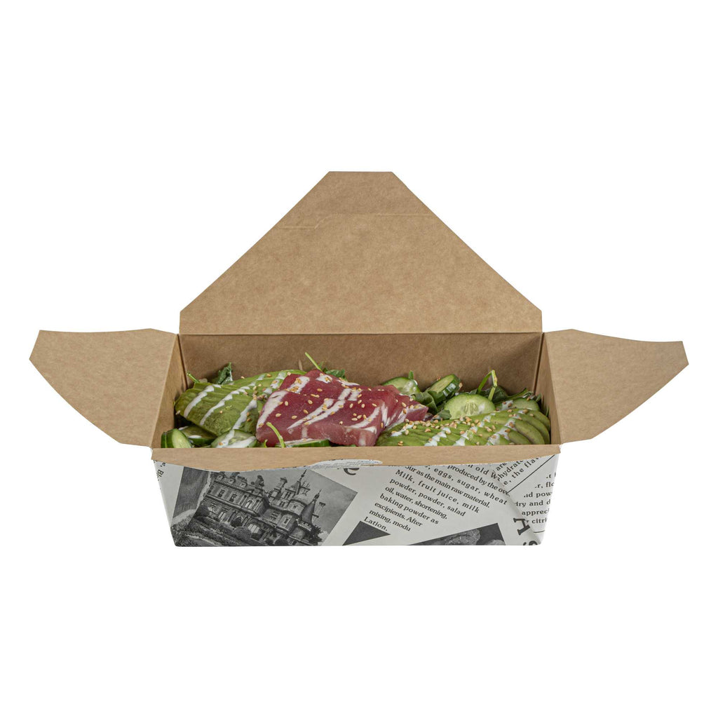 Bio Tek 71 oz Rectangle Newsprint Paper Bio Box Take Out Container - 8 1/2" x 6 1/4" x 2 1/2" - 50 count box