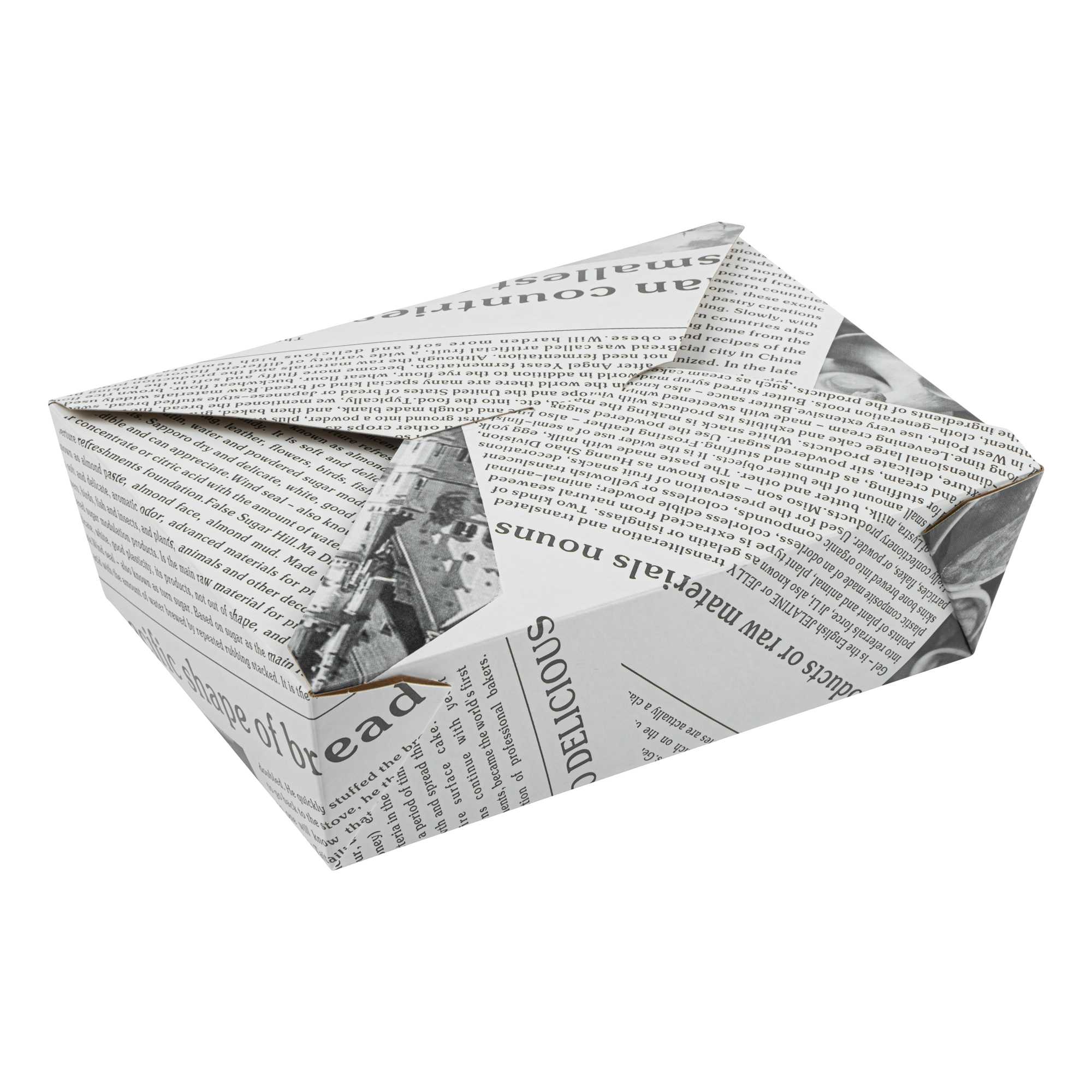 Bio Tek 71 oz Rectangle Newsprint Paper Bio Box Take Out Container - 8 1/2" x 6 1/4" x 2 1/2" - 50 count box