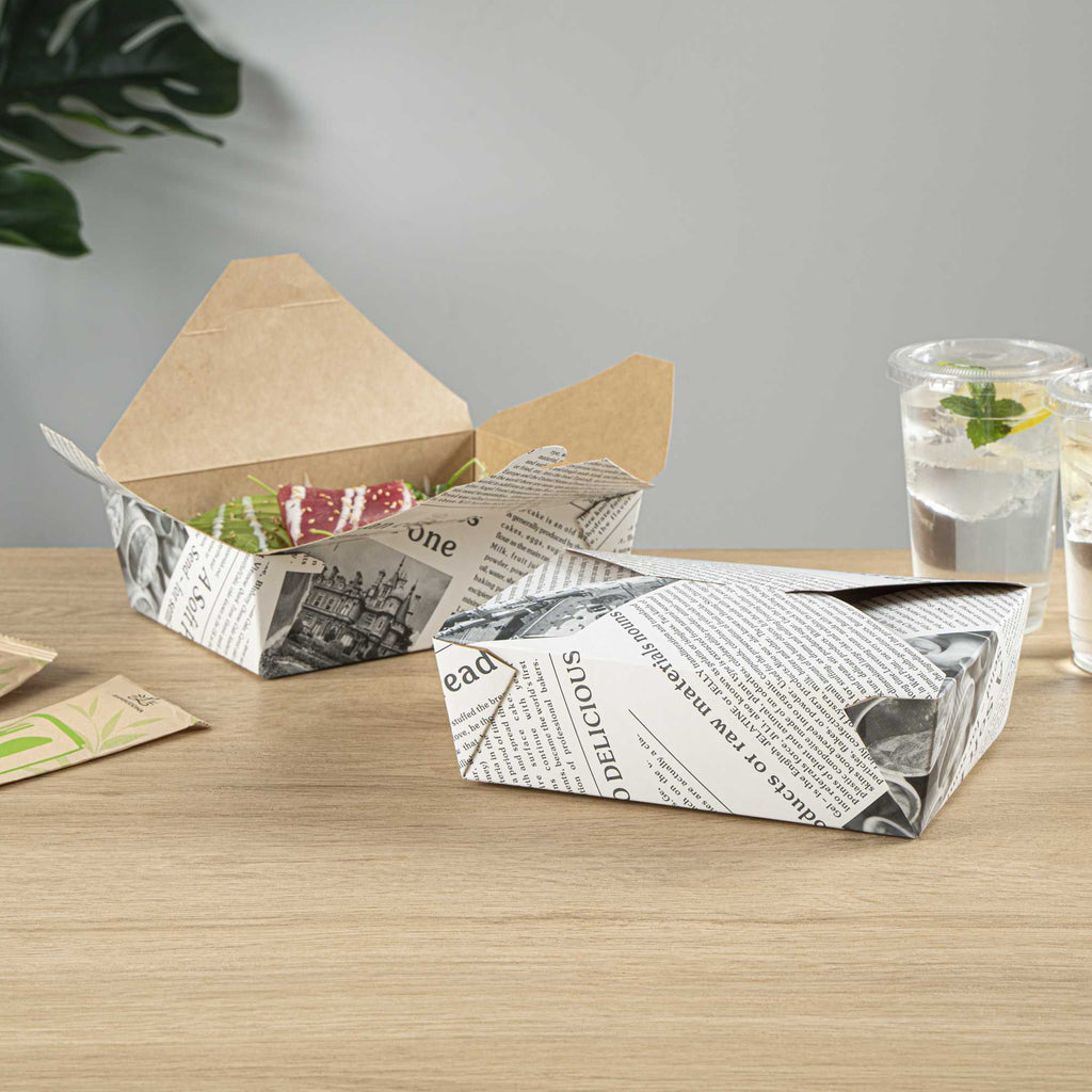Bio Tek 71 oz Rectangle Newsprint Paper Bio Box Take Out Container - 8 1/2" x 6 1/4" x 2 1/2" - 50 count box