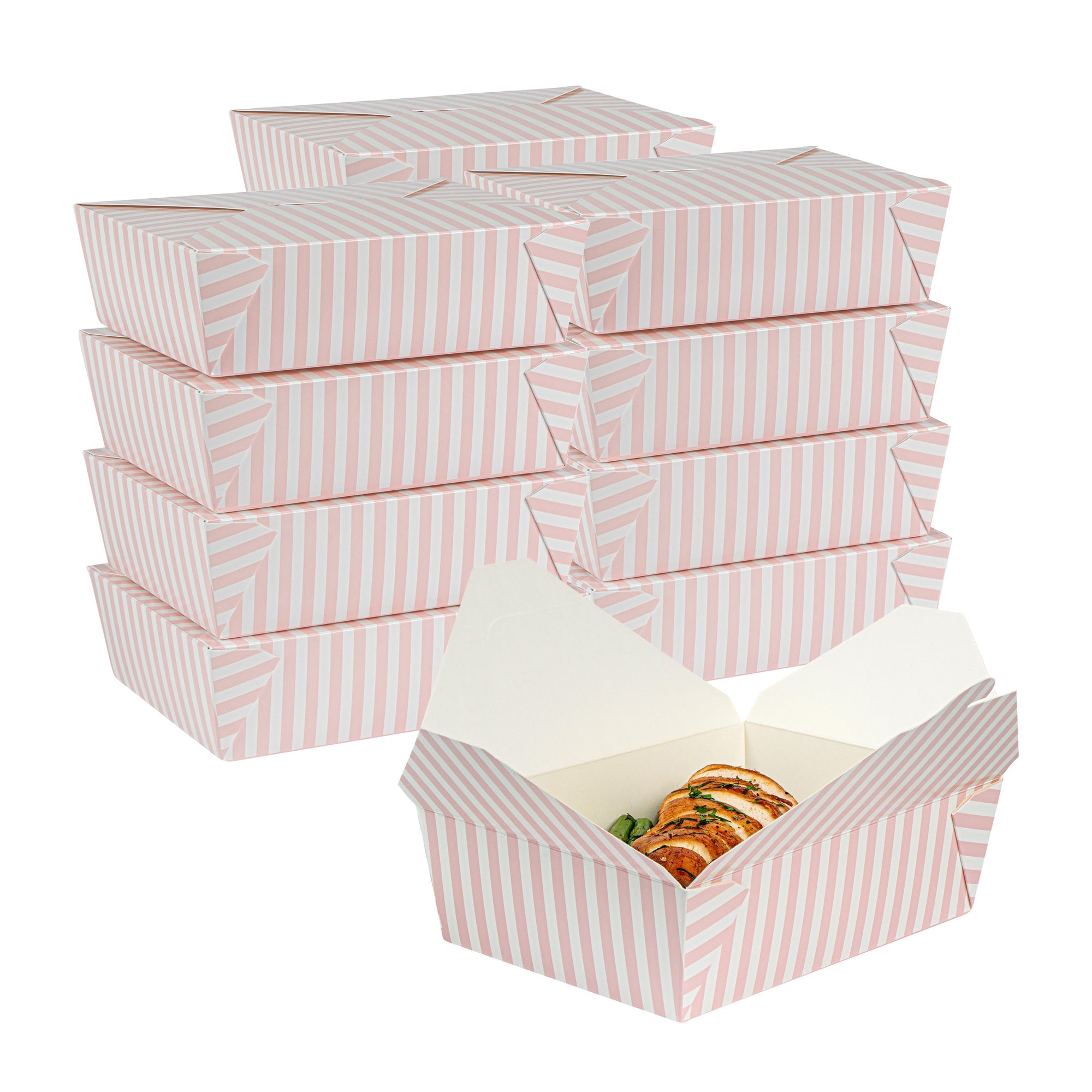 Bio Tek 71 oz Rectangle Pink and White Stripe Paper #3 Bio Box Take Out Container - 8 1/2" x 6 1/4" x 2 1/2" -50 count box