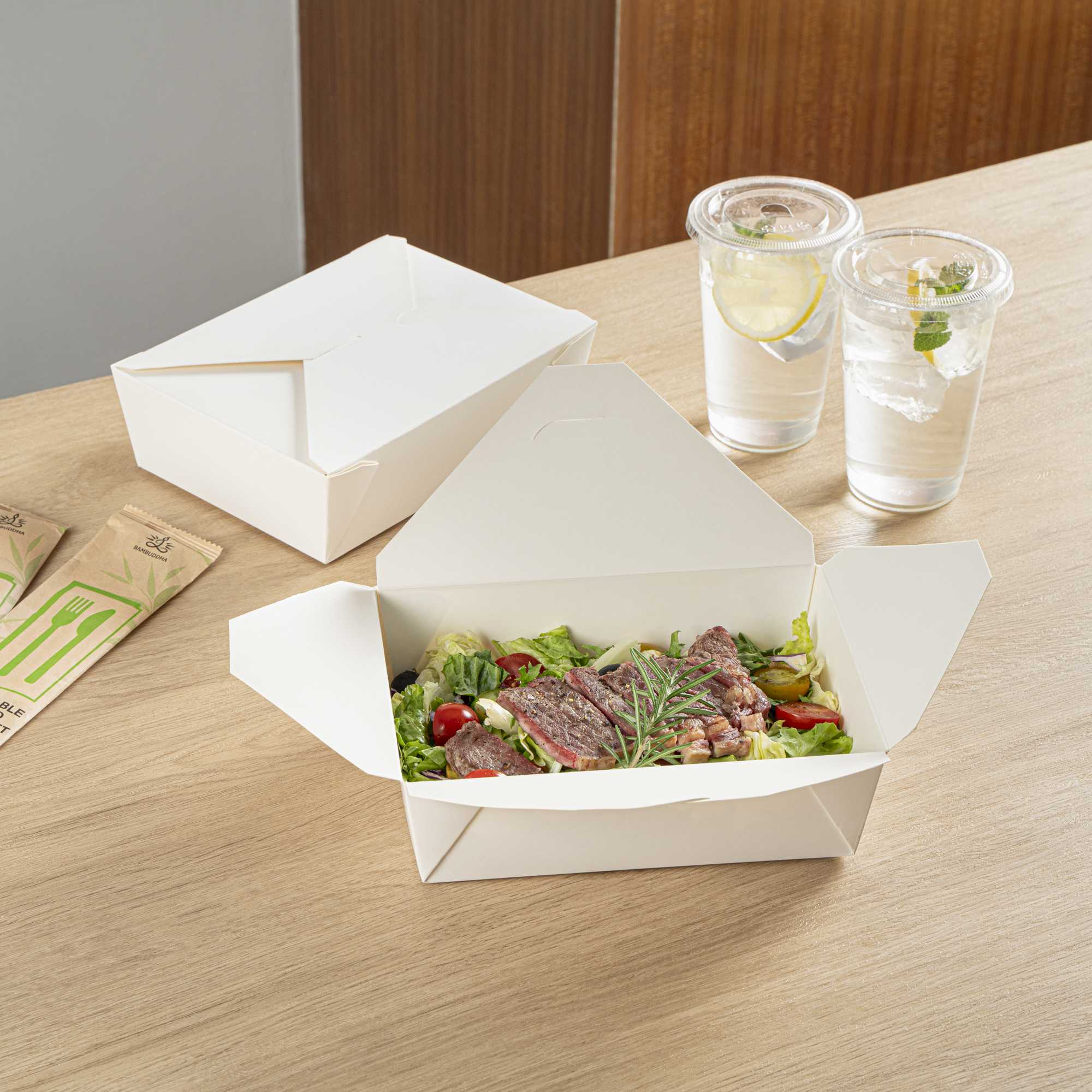 Bio Tek 71 oz Rectangle White Paper #3 Bio Box Take Out Container - 8 1/2" x 6 1/4" x 2 1/2" - 200 count box