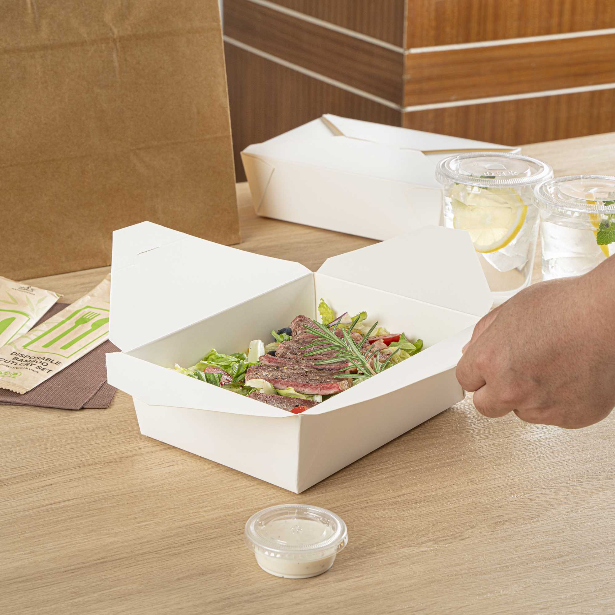 Bio Tek 71 oz Rectangle White Paper #3 Bio Box Take Out Container - 8 1/2" x 6 1/4" x 2 1/2" - 200 count box