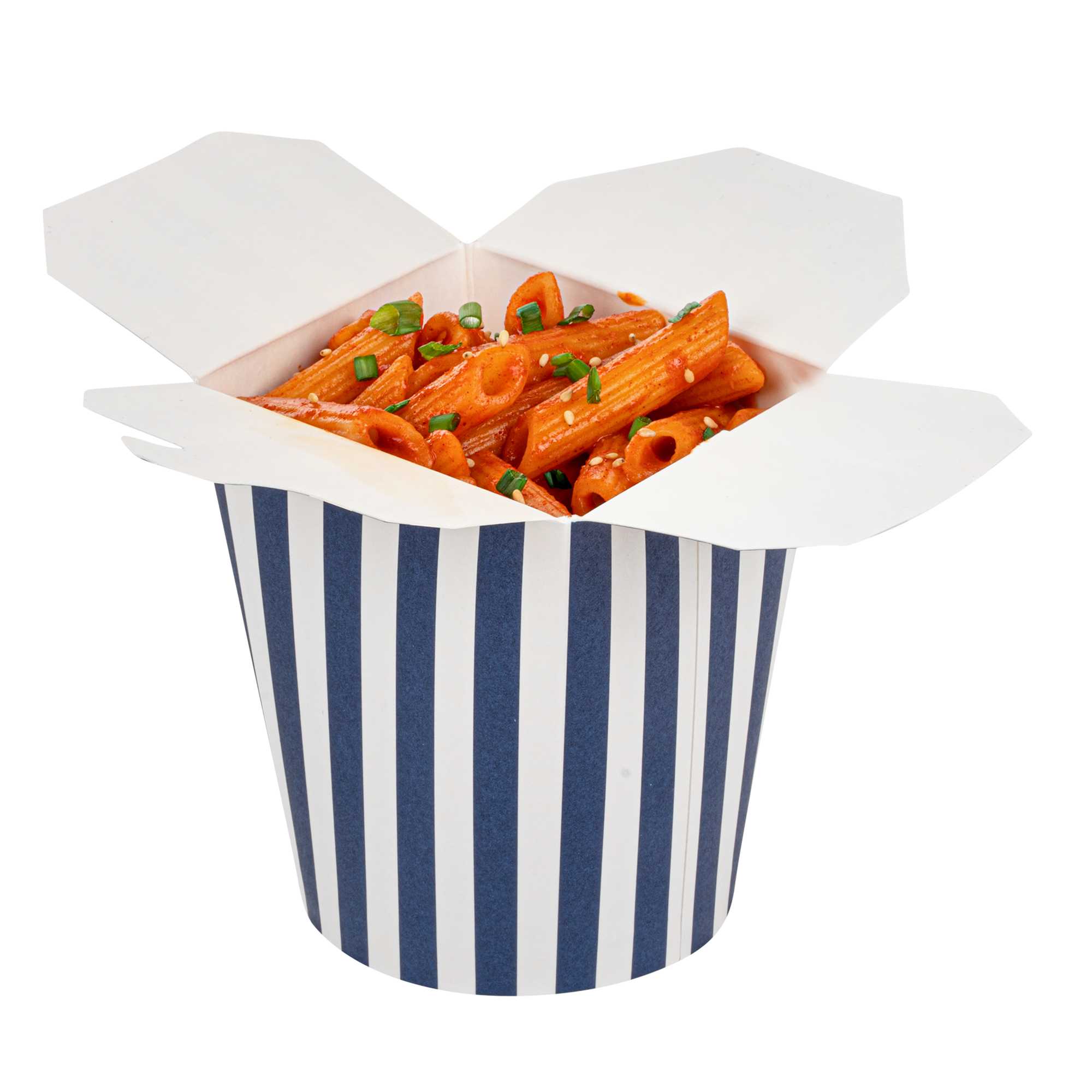 Bio Tek 16 oz Round Blue and White Stripe Paper Noodle Take Out Container - 3 1/4" x 3" x 4" -50 count box
