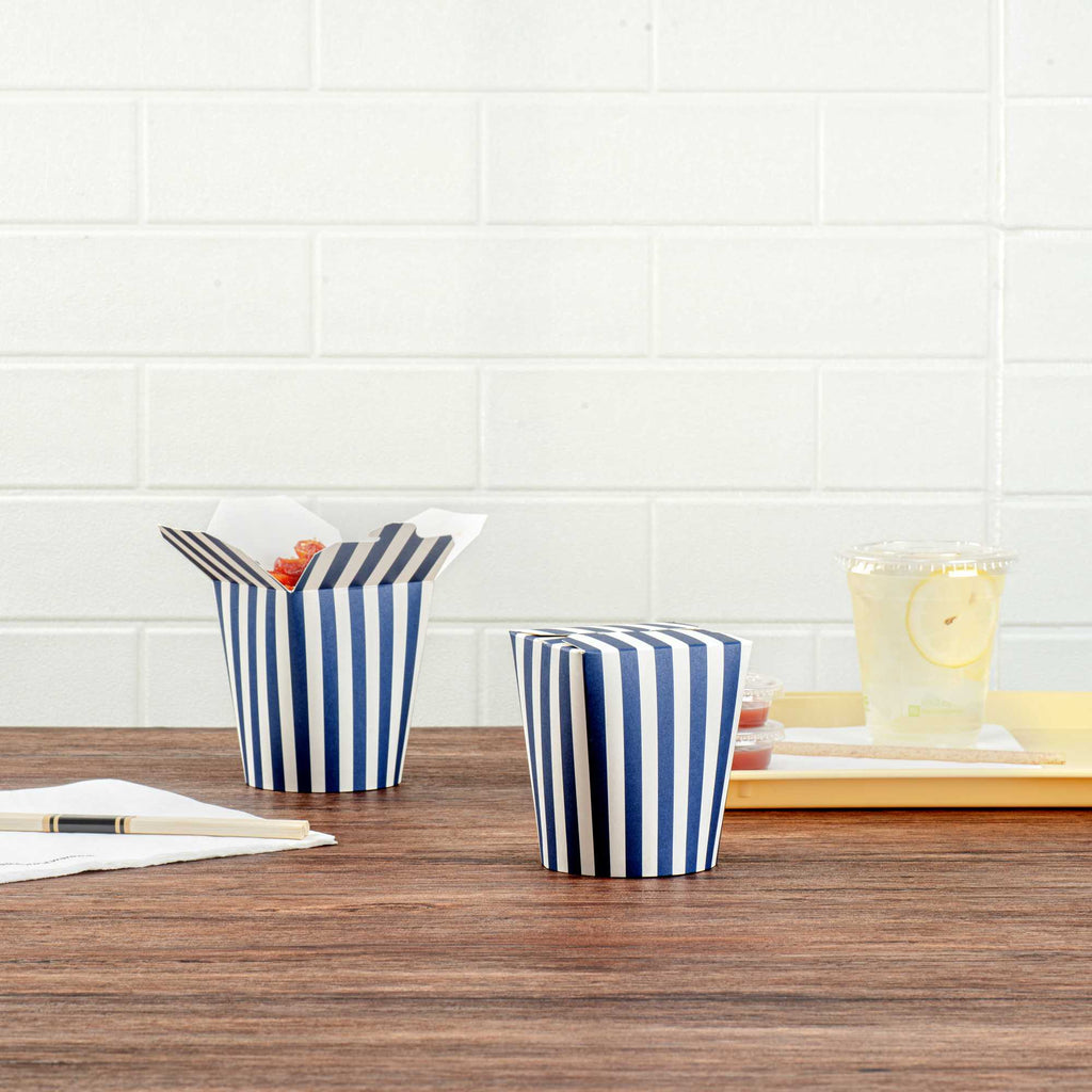 Bio Tek 16 oz Round Blue and White Stripe Paper Noodle Take Out Container - 3 1/4" x 3" x 4" -50 count box