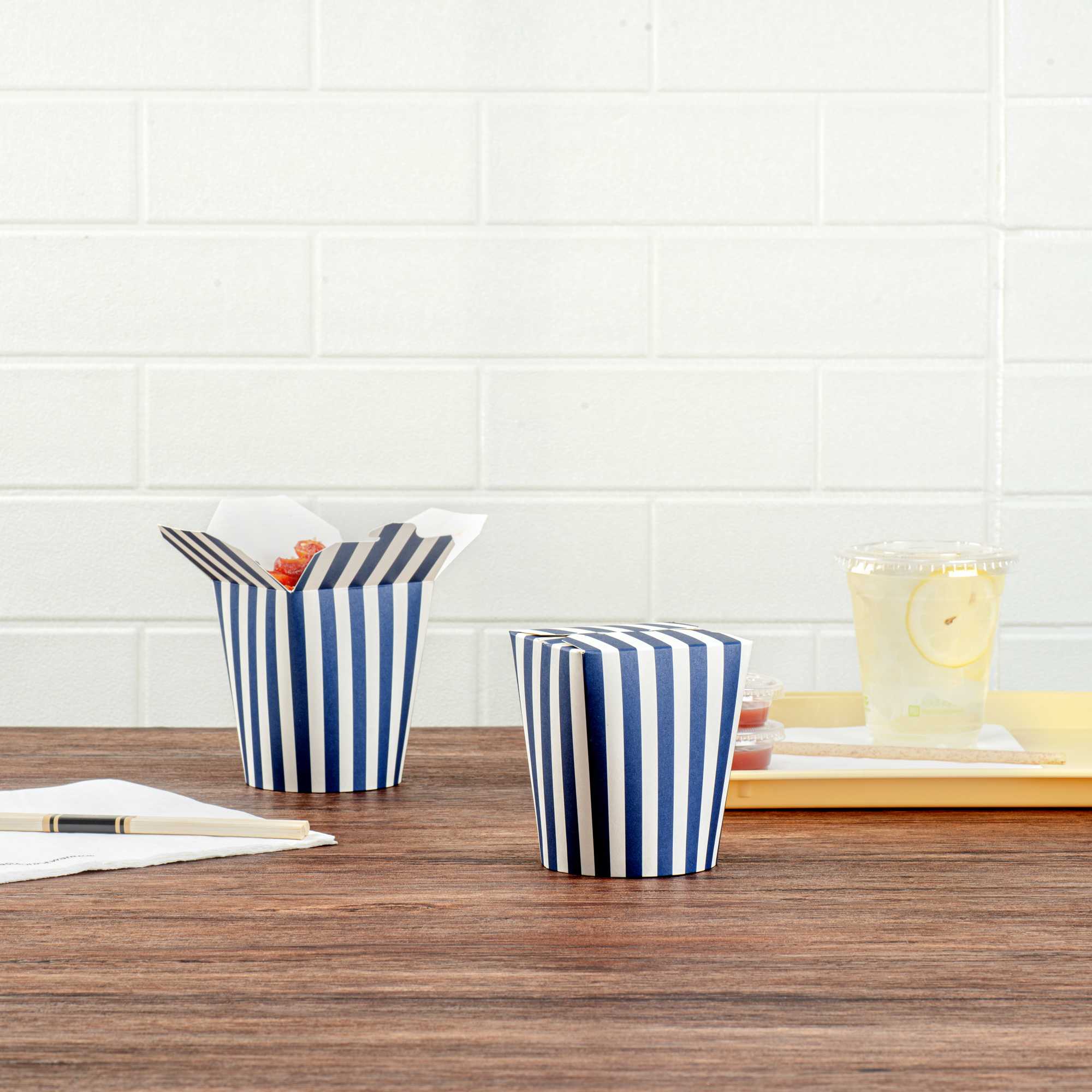 Bio Tek 16 oz Round Blue and White Stripe Paper Noodle Take Out Container - 3 1/4" x 3" x 4" -50 count box