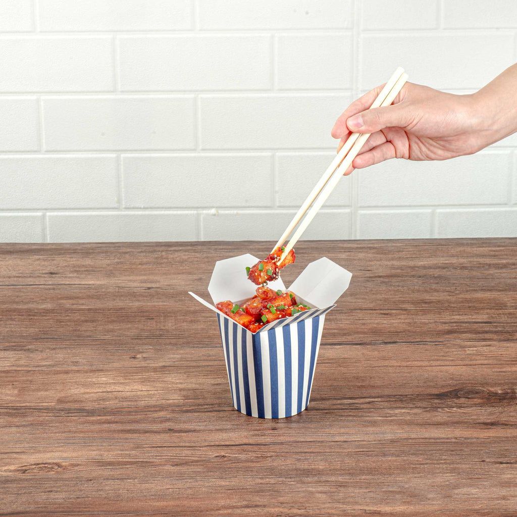 Bio Tek 16 oz Round Blue and White Stripe Paper Noodle Take Out Container - 3 1/4" x 3" x 4" -50 count box