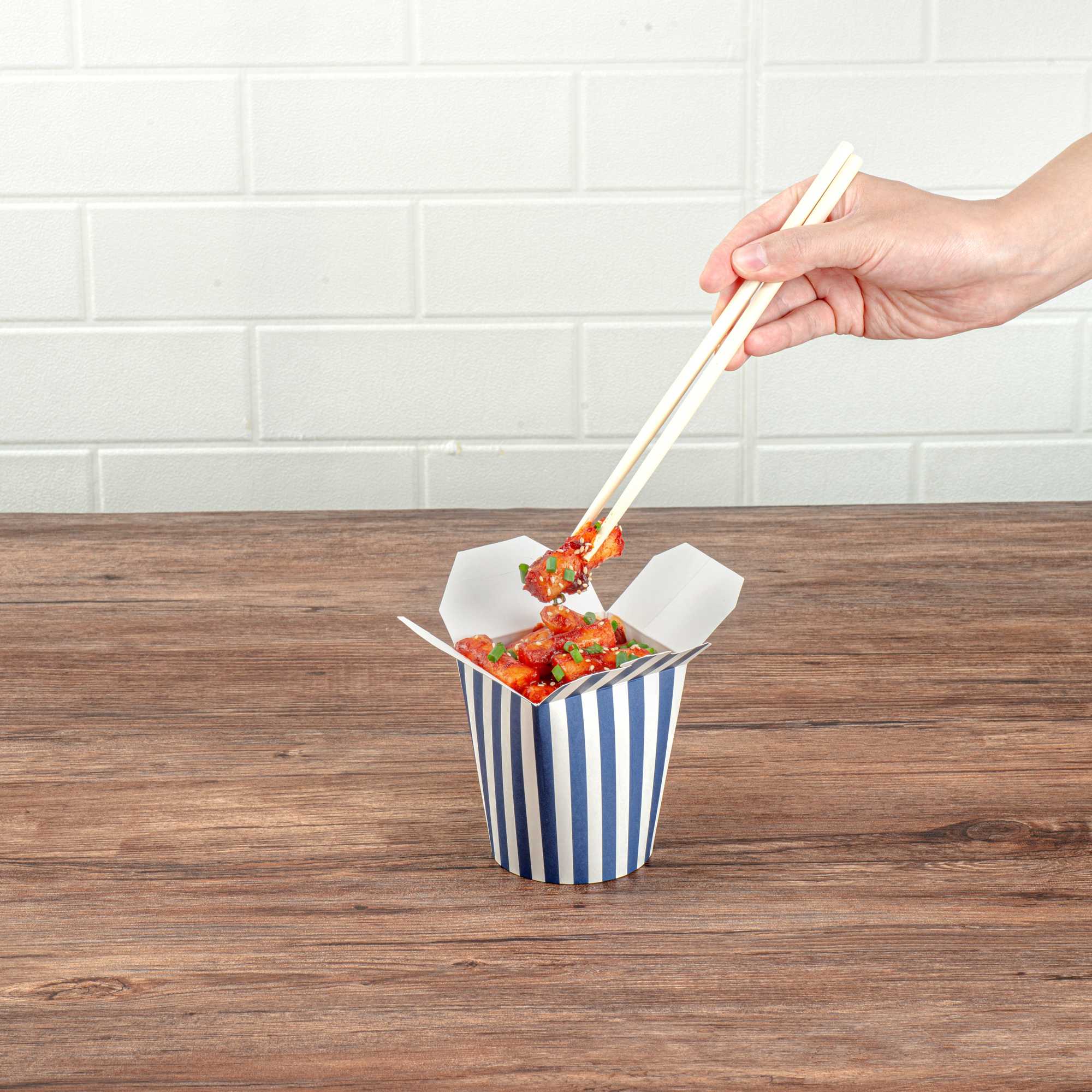 Bio Tek 16 oz Round Blue and White Stripe Paper Noodle Take Out Container - 3 1/4" x 3" x 4" -50 count box