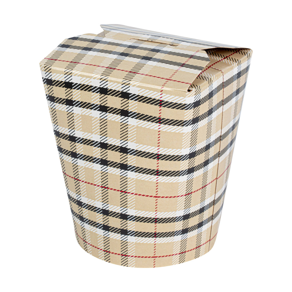 Bio Tek 16 oz Round Plaid Paper Noodle Take Out Container - 3 1/4" x 3" x 4" -50 count box