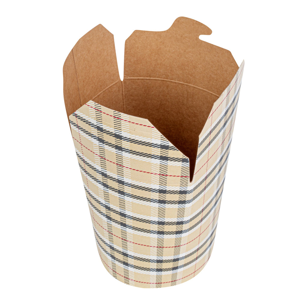 Bio Tek 16 oz Round Plaid Paper Noodle Take Out Container - 3 1/4" x 3" x 4" -50 count box