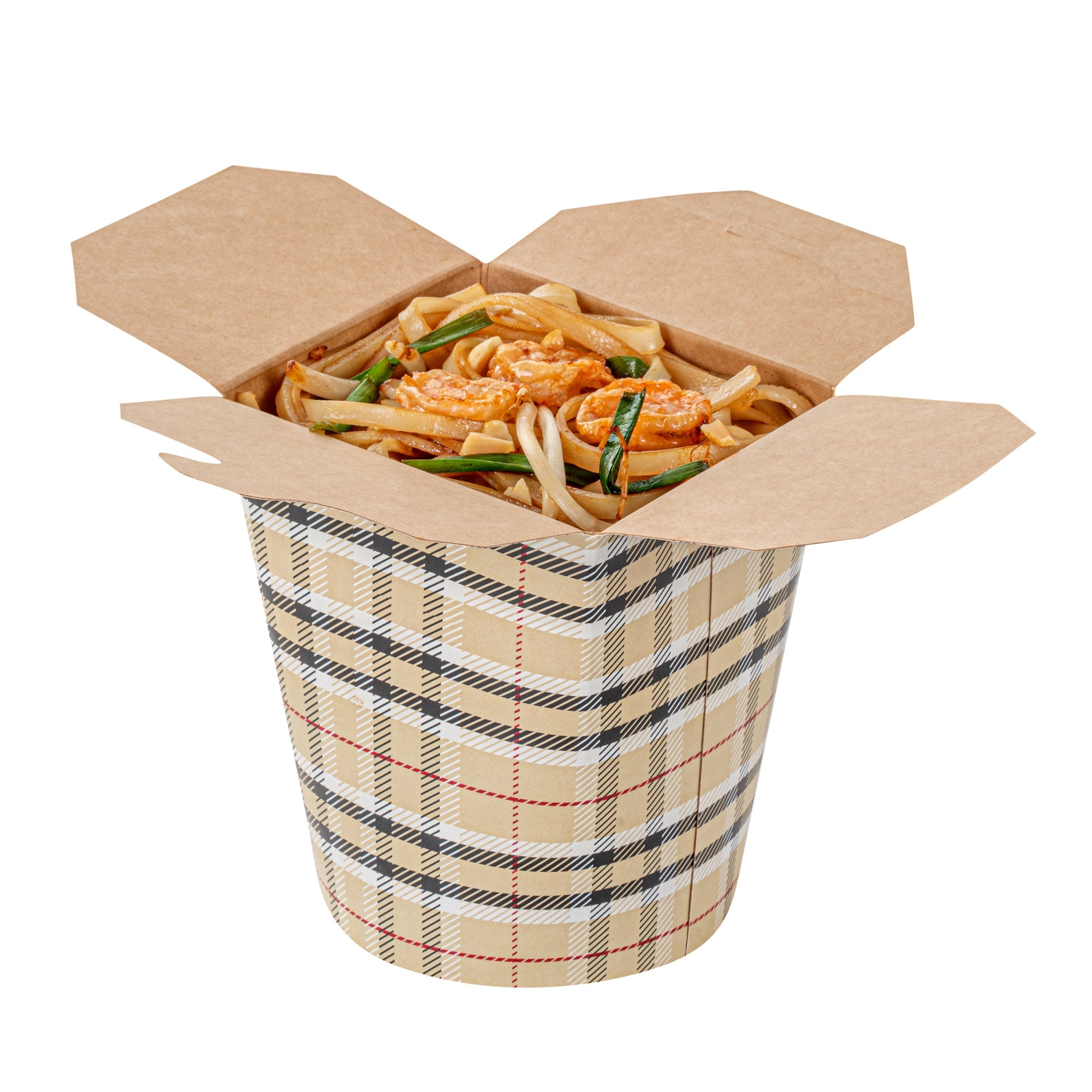 Bio Tek 16 oz Round Plaid Paper Noodle Take Out Container - 3 1/4" x 3" x 4" - 200 count box