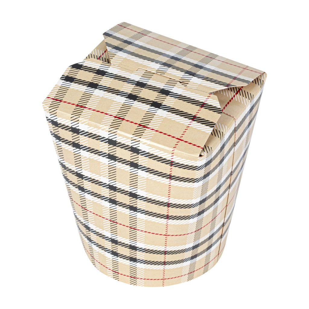 Bio Tek 16 oz Round Plaid Paper Noodle Take Out Container - 3 1/4" x 3" x 4" - 200 count box
