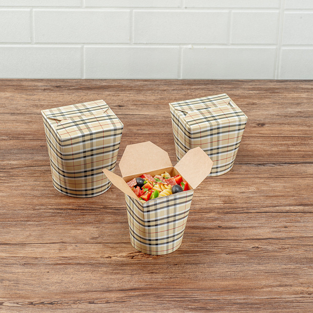 Bio Tek 16 oz Round Plaid Paper Noodle Take Out Container - 3 1/4" x 3" x 4" - 200 count box