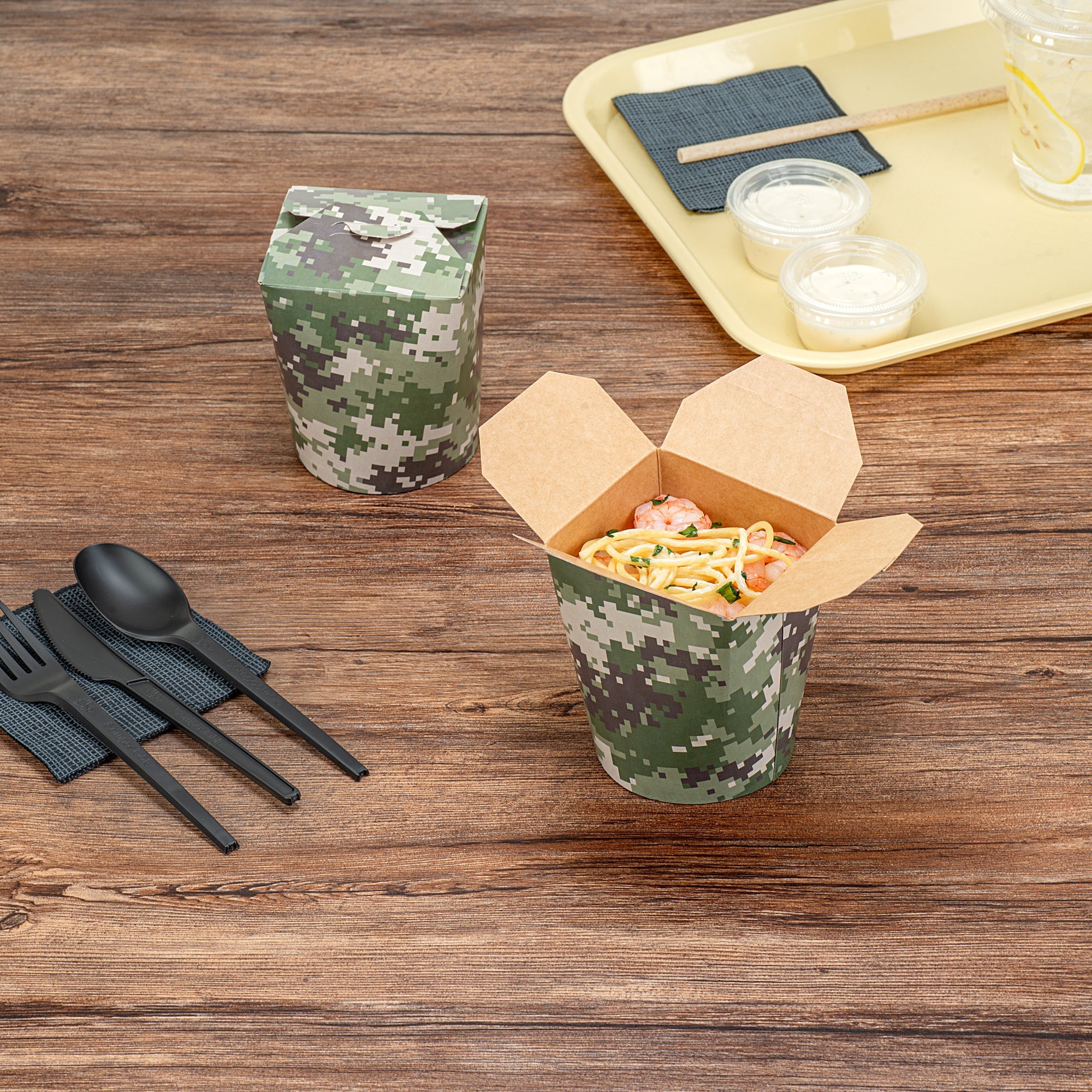 Bio Tek 16 oz Round Camouflage Paper Noodle Take Out Container - 3 1/4" x 3" x 4" - 200 count box