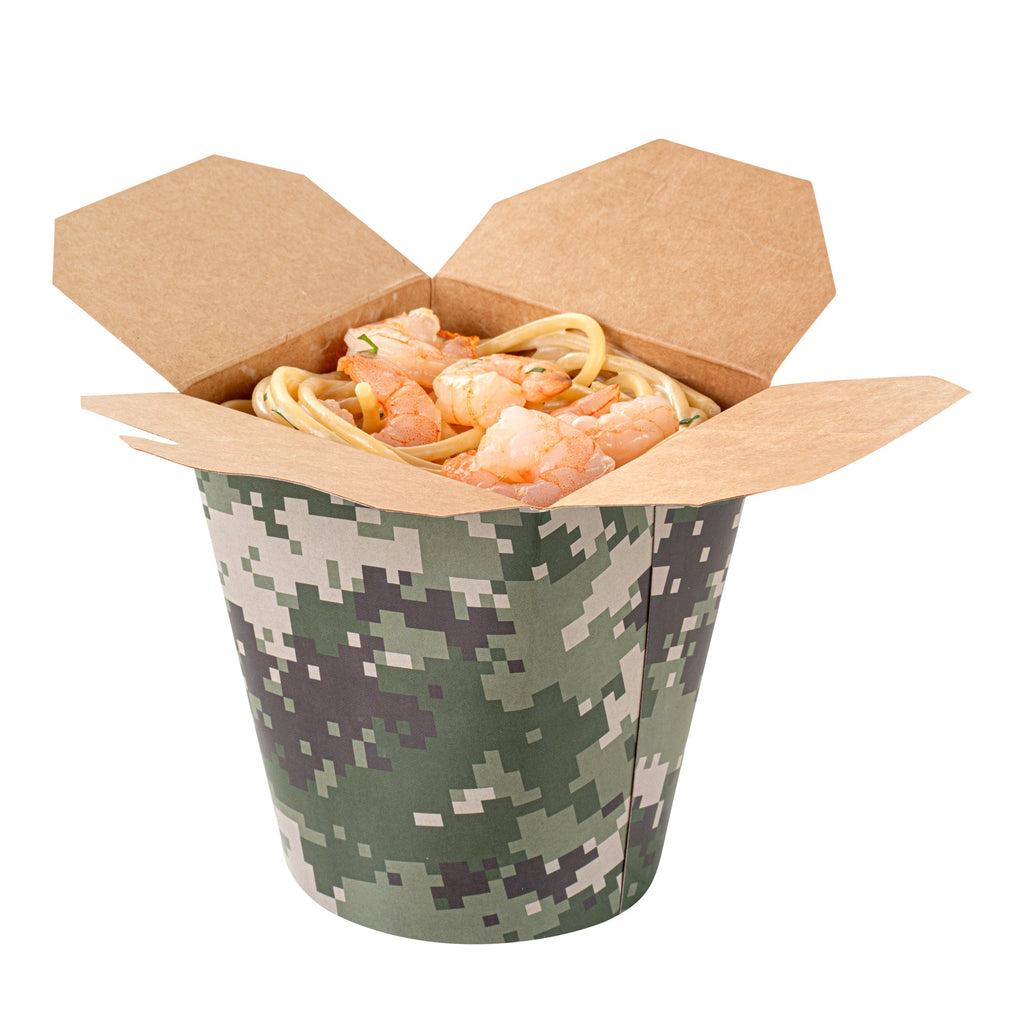 Bio Tek 16 oz Round Camouflage Paper Noodle Take Out Container - 3 1/4" x 3" x 4" -50 count box