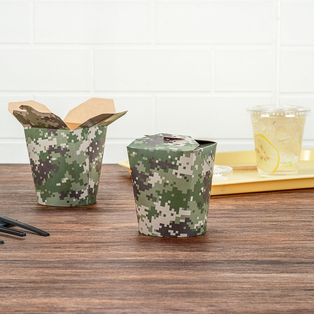 Bio Tek 16 oz Round Camouflage Paper Noodle Take Out Container - 3 1/4" x 3" x 4" -50 count box