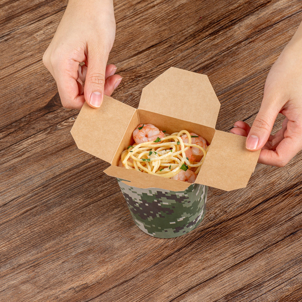Bio Tek 16 oz Round Camouflage Paper Noodle Take Out Container - 3 1/4" x 3" x 4" -50 count box
