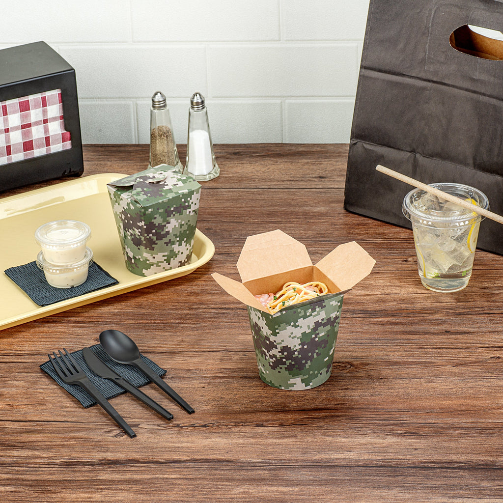 Bio Tek 16 oz Round Camouflage Paper Noodle Take Out Container - 3 1/4" x 3" x 4" - 200 count box