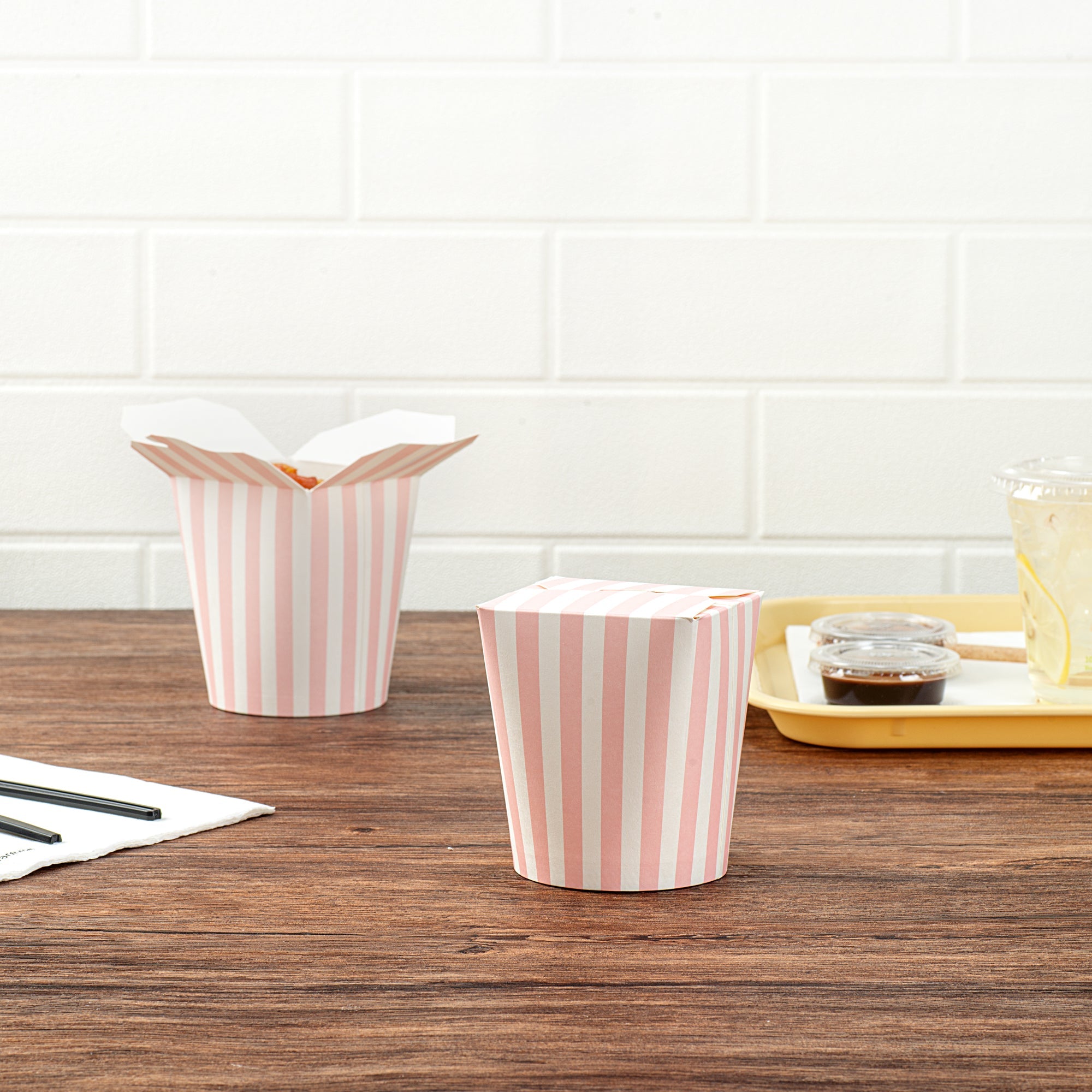 Bio Tek 16 oz Round Pink and White Stripe Paper Noodle Take Out Container - 3 1/4" x 3" x 4" - 200 count box