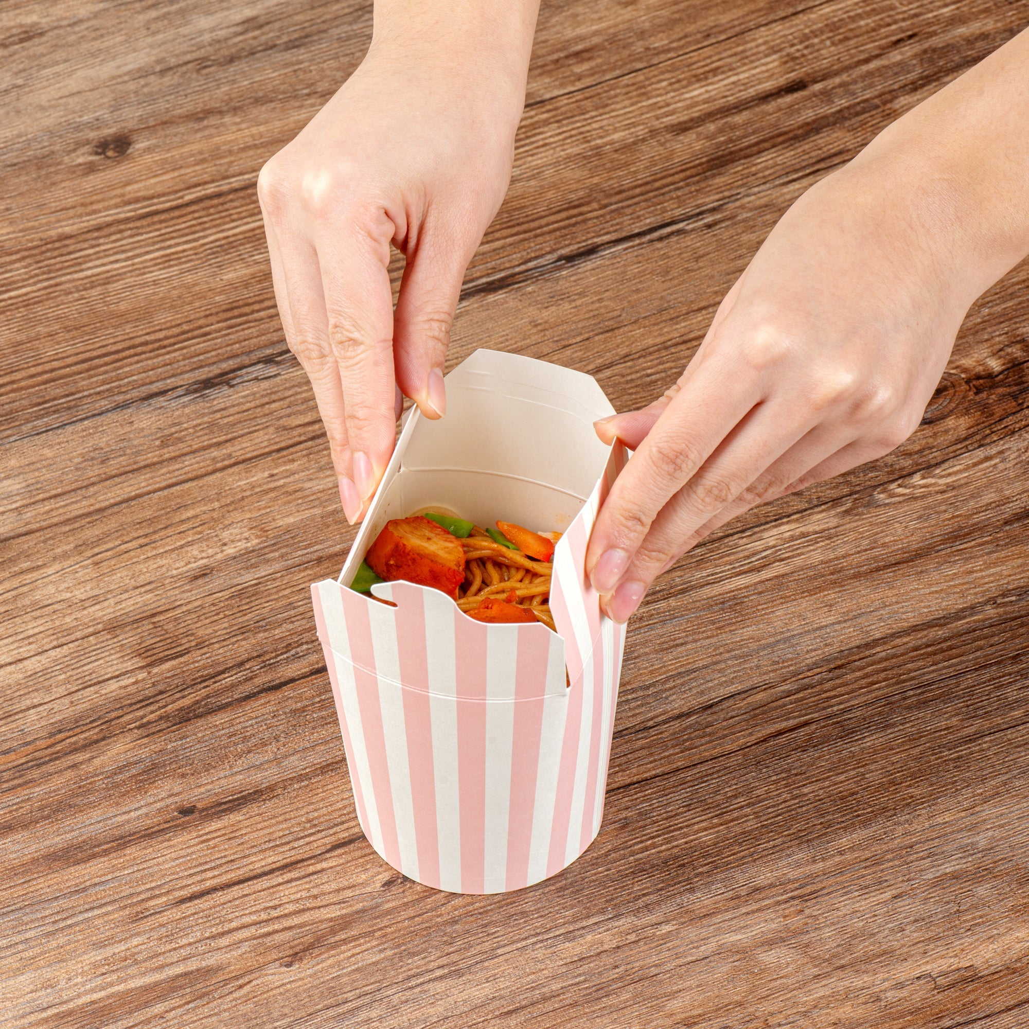 Bio Tek 16 oz Round Pink and White Stripe Paper Noodle Take Out Container - 3 1/4" x 3" x 4" - 200 count box