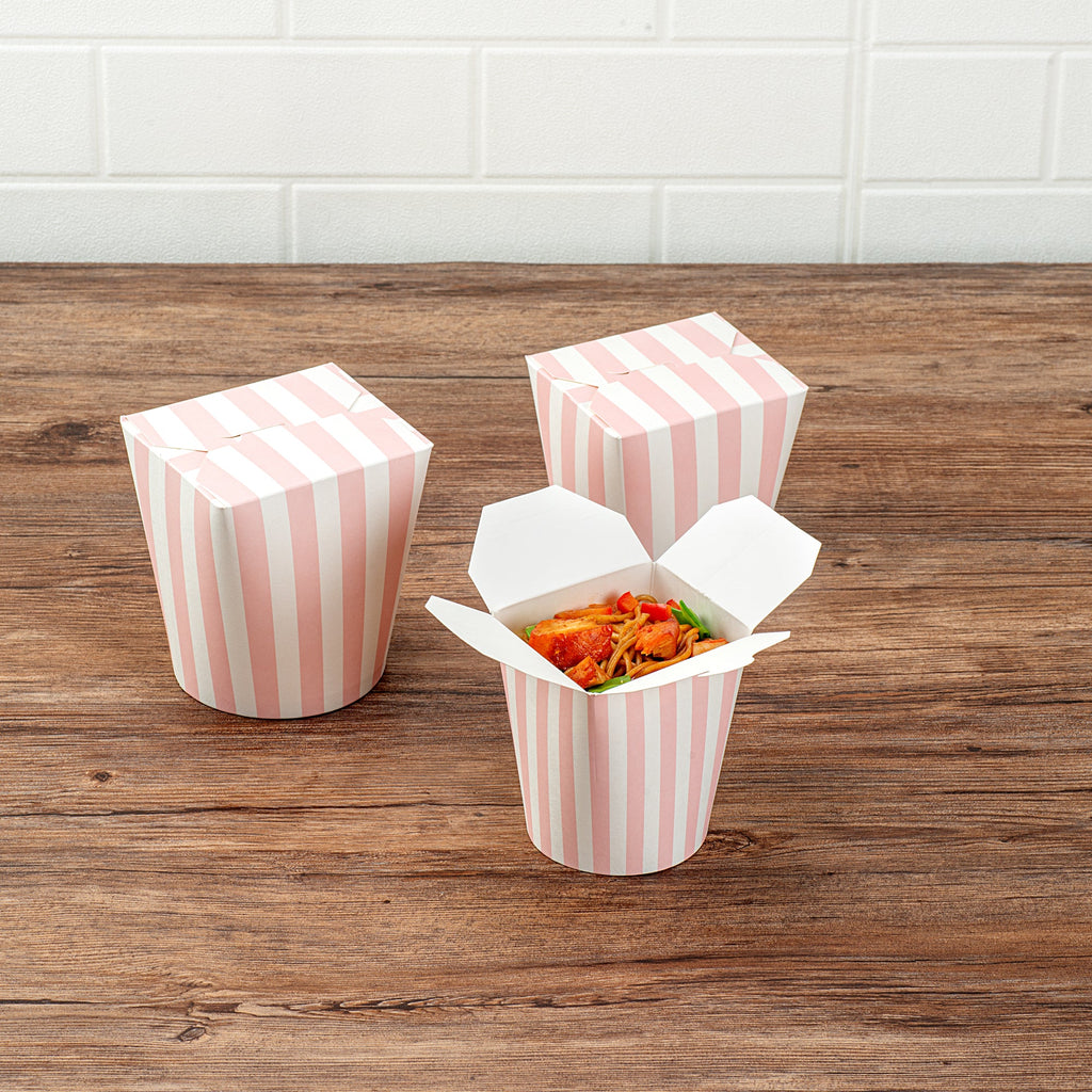 Bio Tek 16 oz Round Pink and White Stripe Paper Noodle Take Out Container - 3 1/4" x 3" x 4" - 200 count box