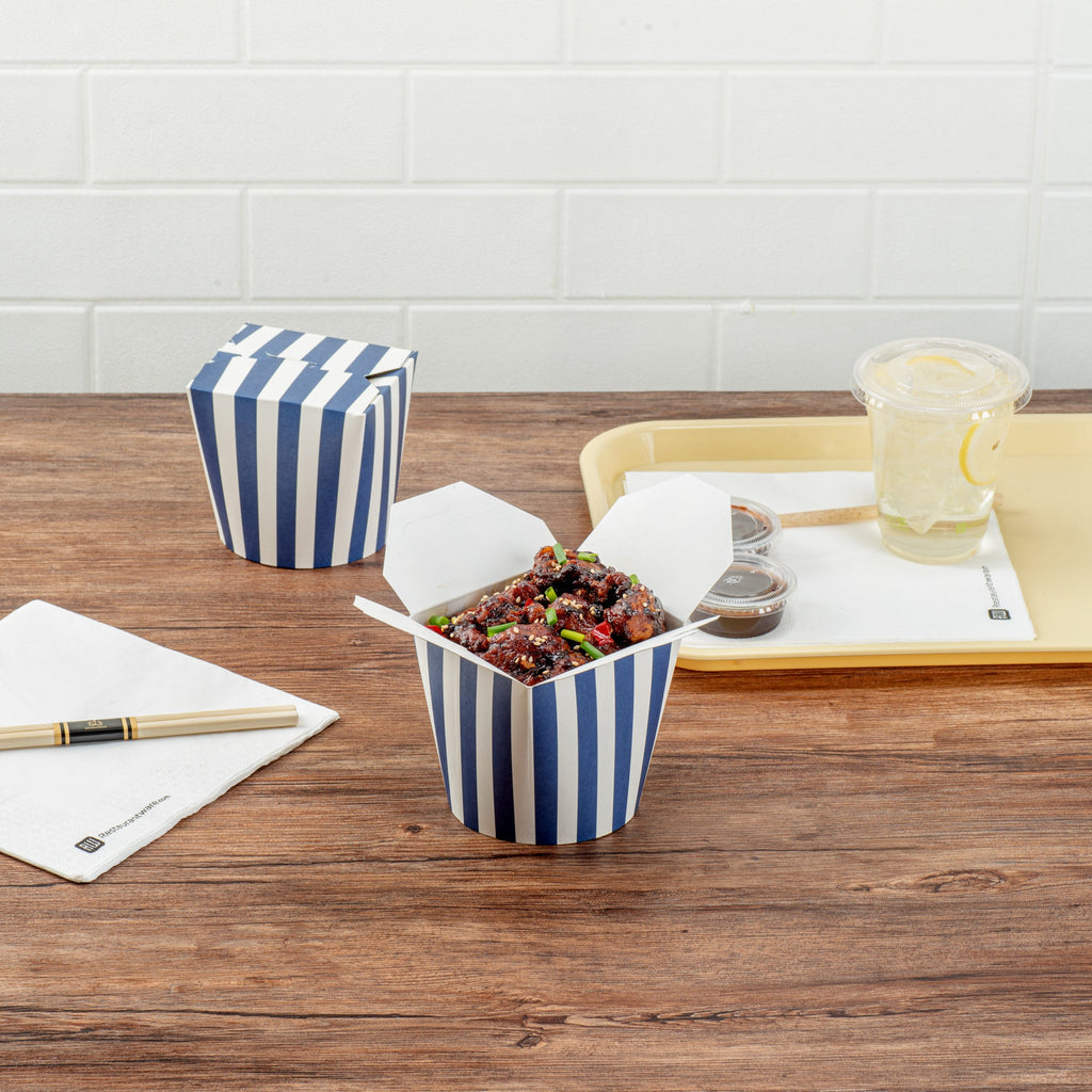 Bio Tek 26 oz Round Blue and White Stripe Paper Noodle Take Out Container - 4" x 3 1/2" x 3 3/4" - 200 count box