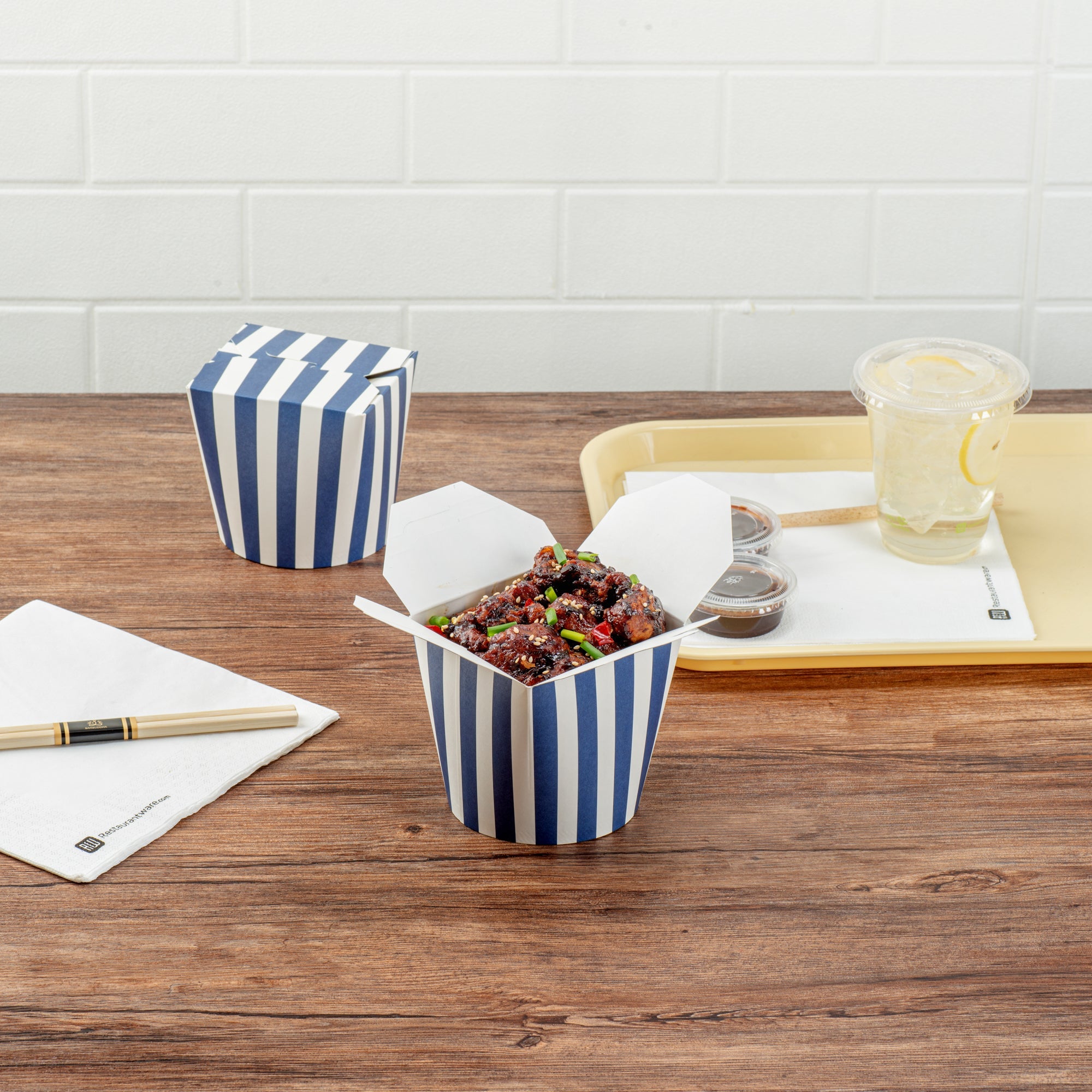 Bio Tek 26 oz Round Blue and White Stripe Paper Noodle Take Out Container - 4" x 3 1/2" x 3 3/4" - 200 count box