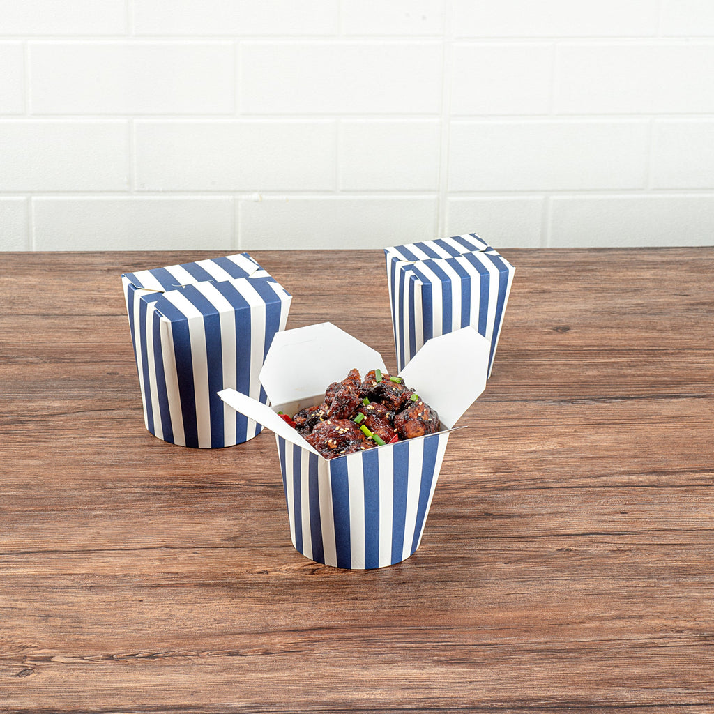 Bio Tek 26 oz Round Blue and White Stripe Paper Noodle Take Out Container - 4" x 3 1/2" x 3 3/4" - 50 count box