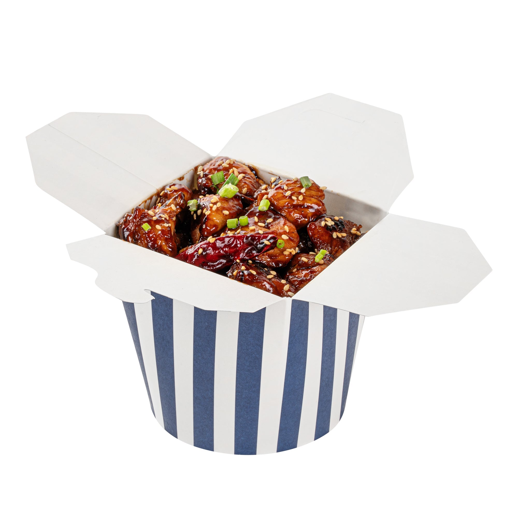Bio Tek 26 oz Round Blue and White Stripe Paper Noodle Take Out Container - 4" x 3 1/2" x 3 3/4" - 200 count box
