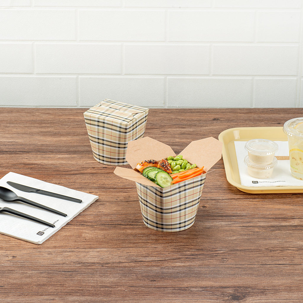 Bio Tek 26 oz Round Plaid Paper Noodle Take Out Container - 4" x 3 1/2" x 3 3/4" - 200 count box