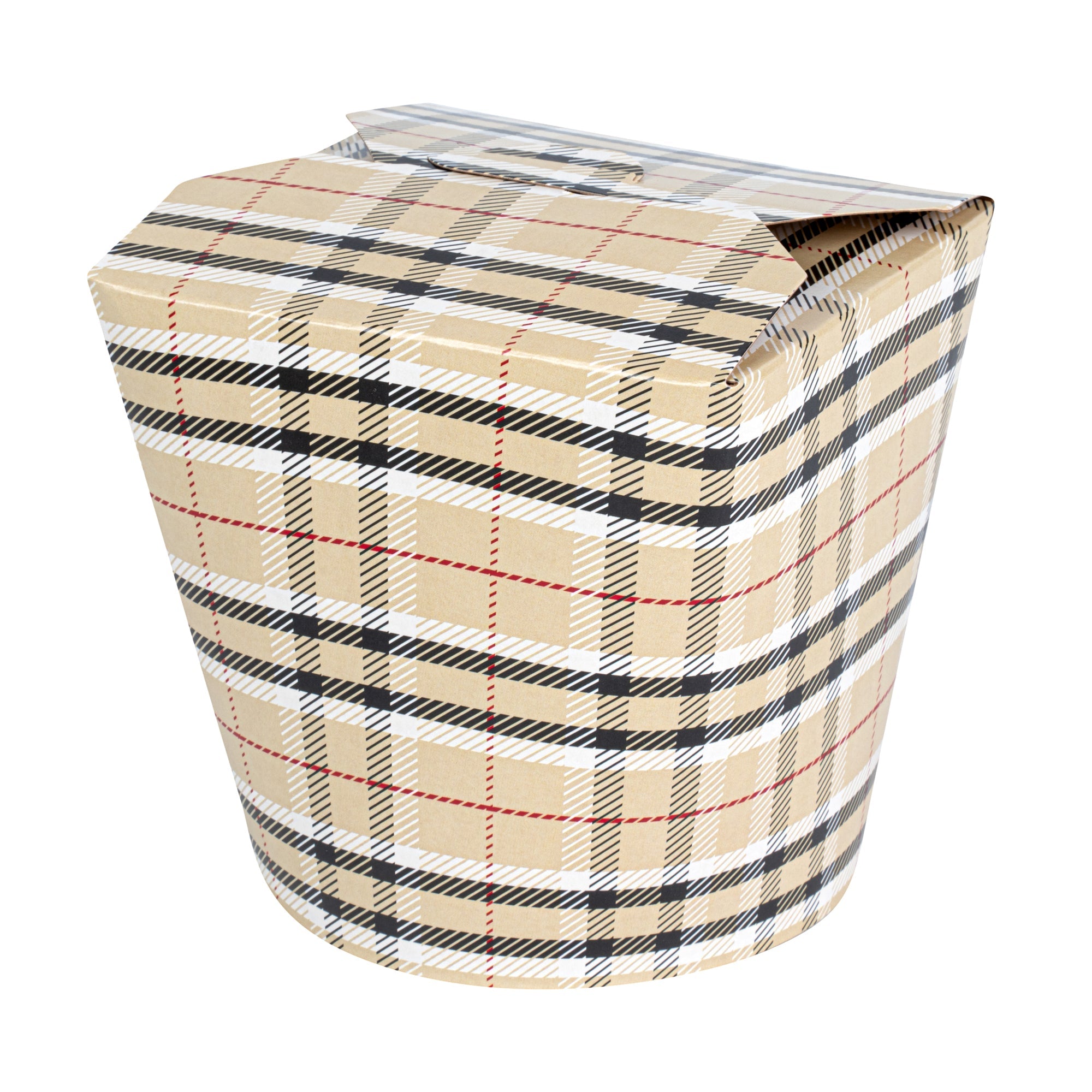 Bio Tek 26 oz Round Plaid Paper Noodle Take Out Container - 4" x 3 1/2" x 3 3/4" - 50 count box