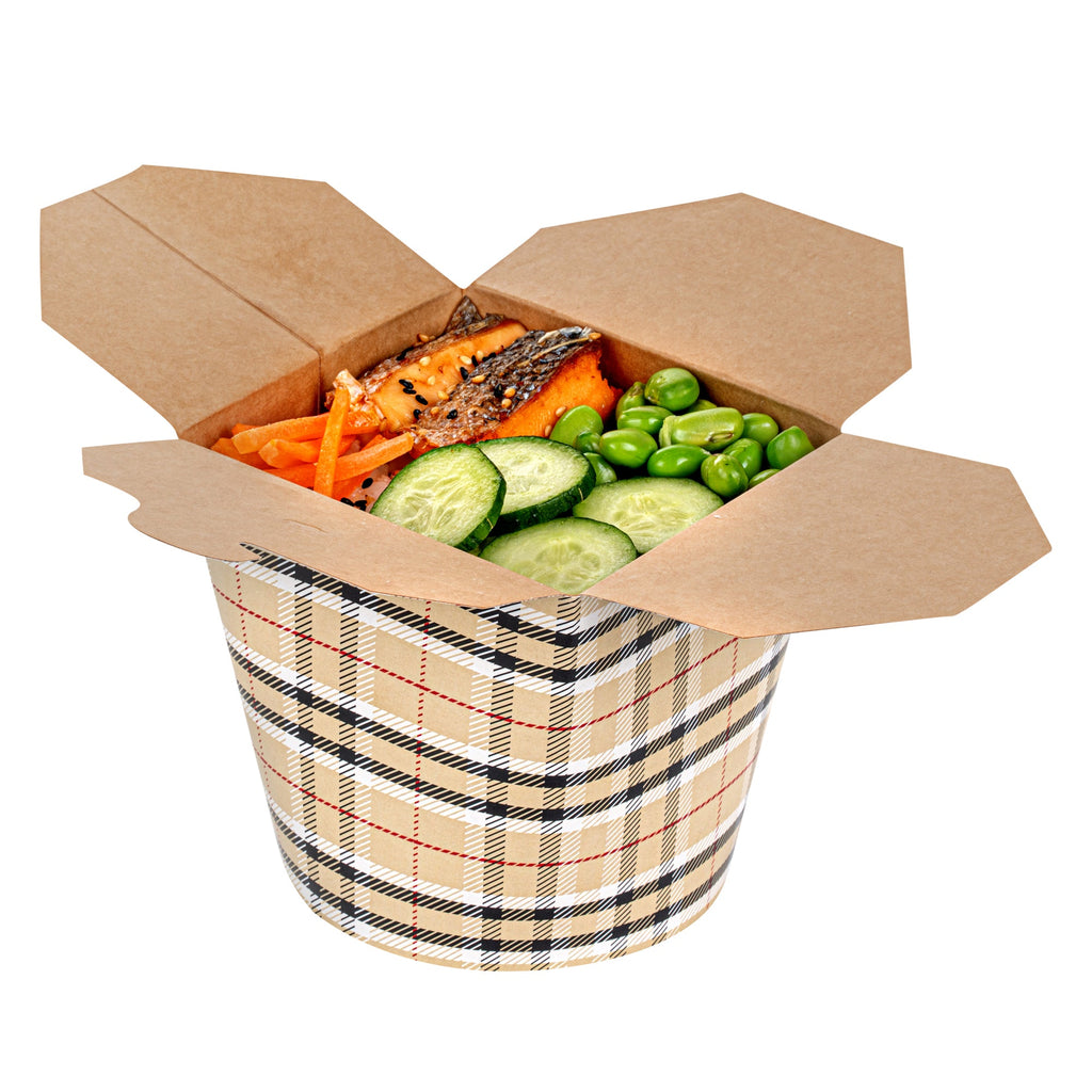Bio Tek 26 oz Round Plaid Paper Noodle Take Out Container - 4" x 3 1/2" x 3 3/4" - 200 count box
