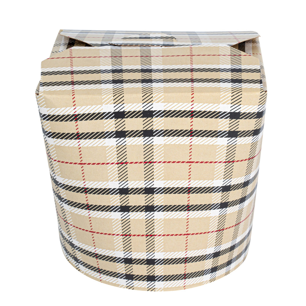 Bio Tek 26 oz Round Plaid Paper Noodle Take Out Container - 4" x 3 1/2" x 3 3/4" - 200 count box