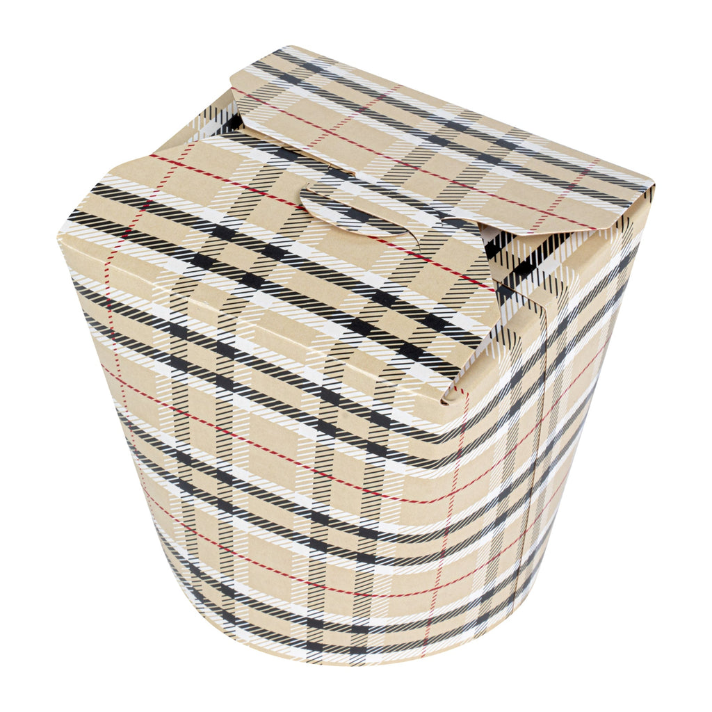 Bio Tek 26 oz Round Plaid Paper Noodle Take Out Container - 4" x 3 1/2" x 3 3/4" - 200 count box