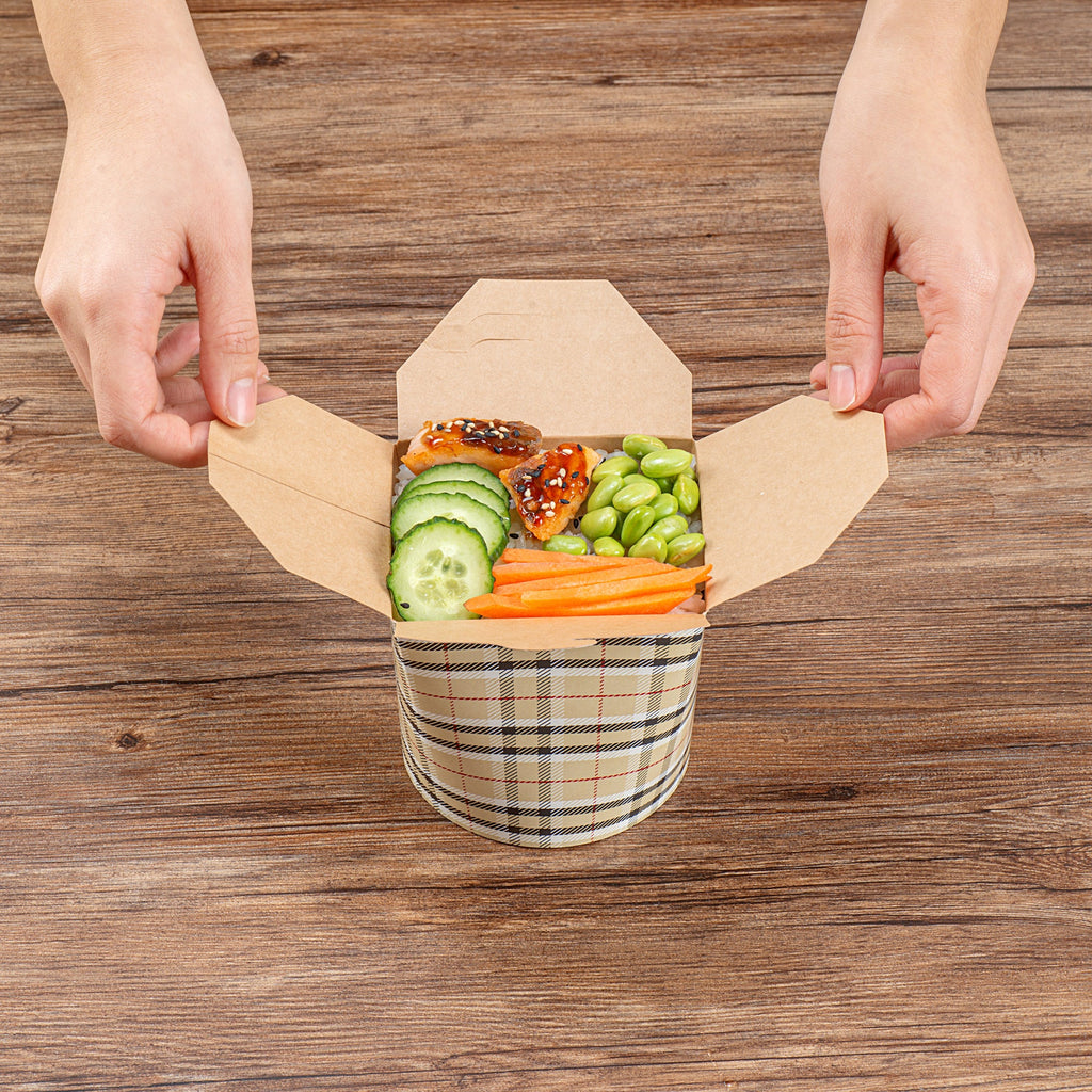 Bio Tek 26 oz Round Plaid Paper Noodle Take Out Container - 4" x 3 1/2" x 3 3/4" - 200 count box