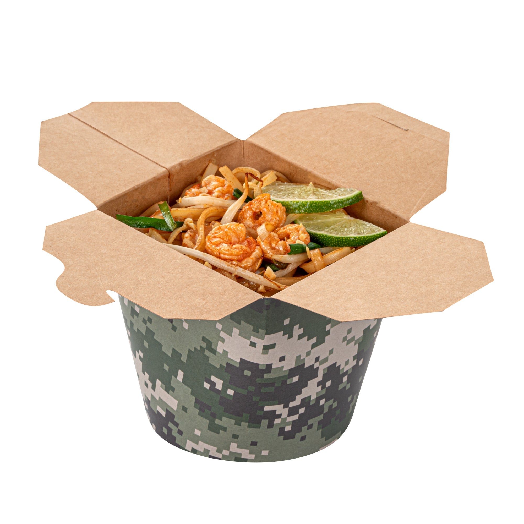 Bio Tek 26 oz Round Camouflage Paper Noodle Take Out Container - 4" x 3 1/2" x 3 3/4" - 200 count box
