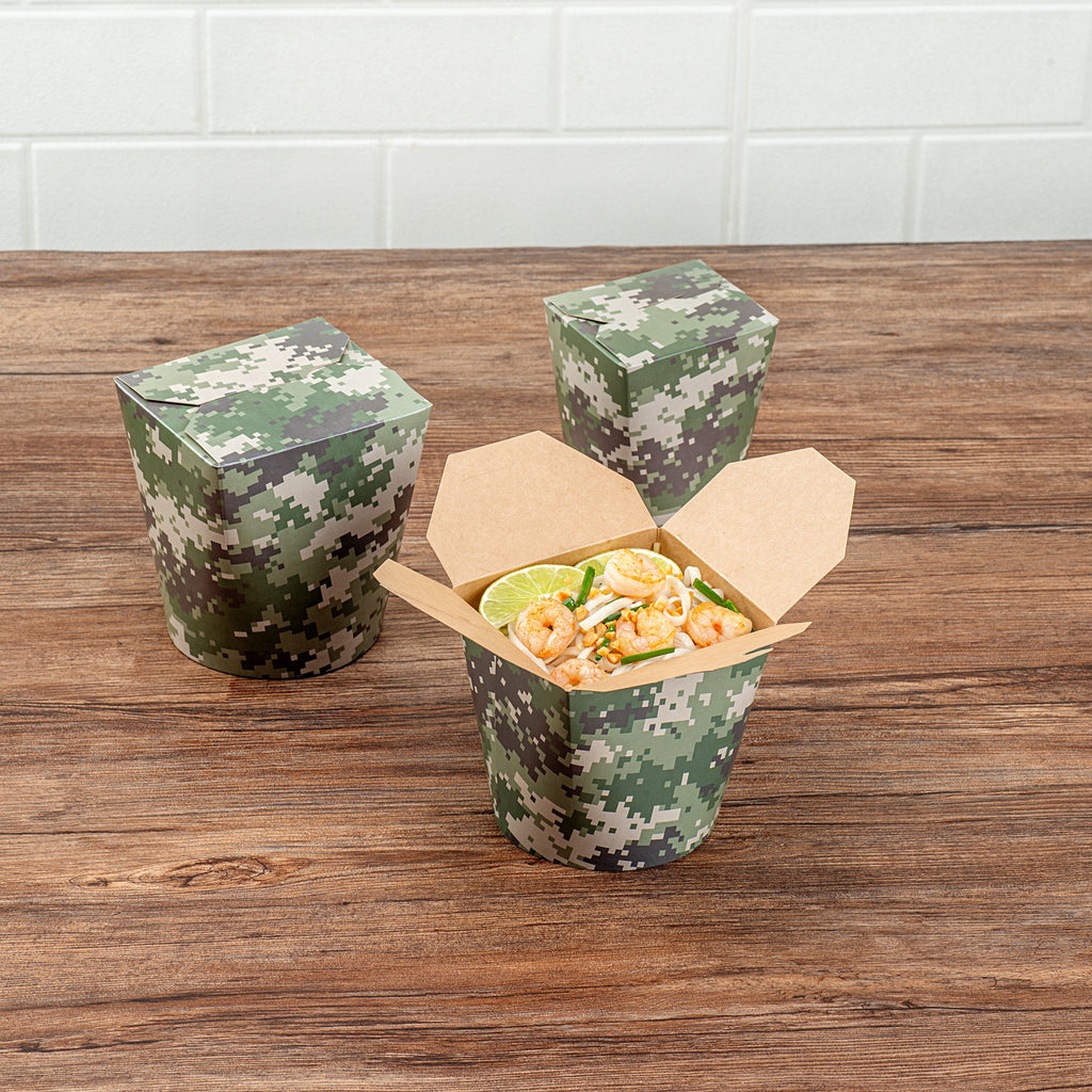Bio Tek 26 oz Round Camouflage Paper Noodle Take Out Container - 4" x 3 1/2" x 3 3/4" - 200 count box