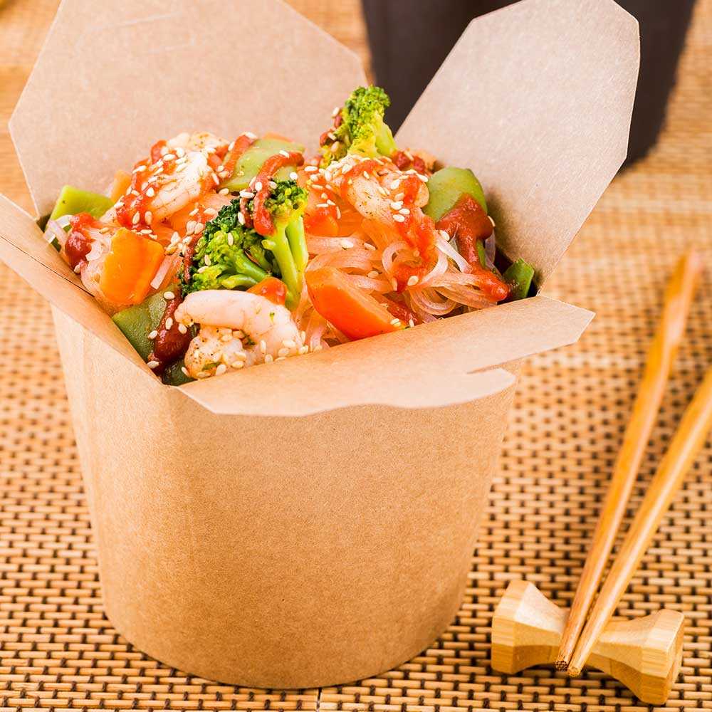 Bio Tek 26 oz Round Kraft Paper Noodle Take Out Container - 4" x 3 1/2" x 3 3/4" - 50 count box