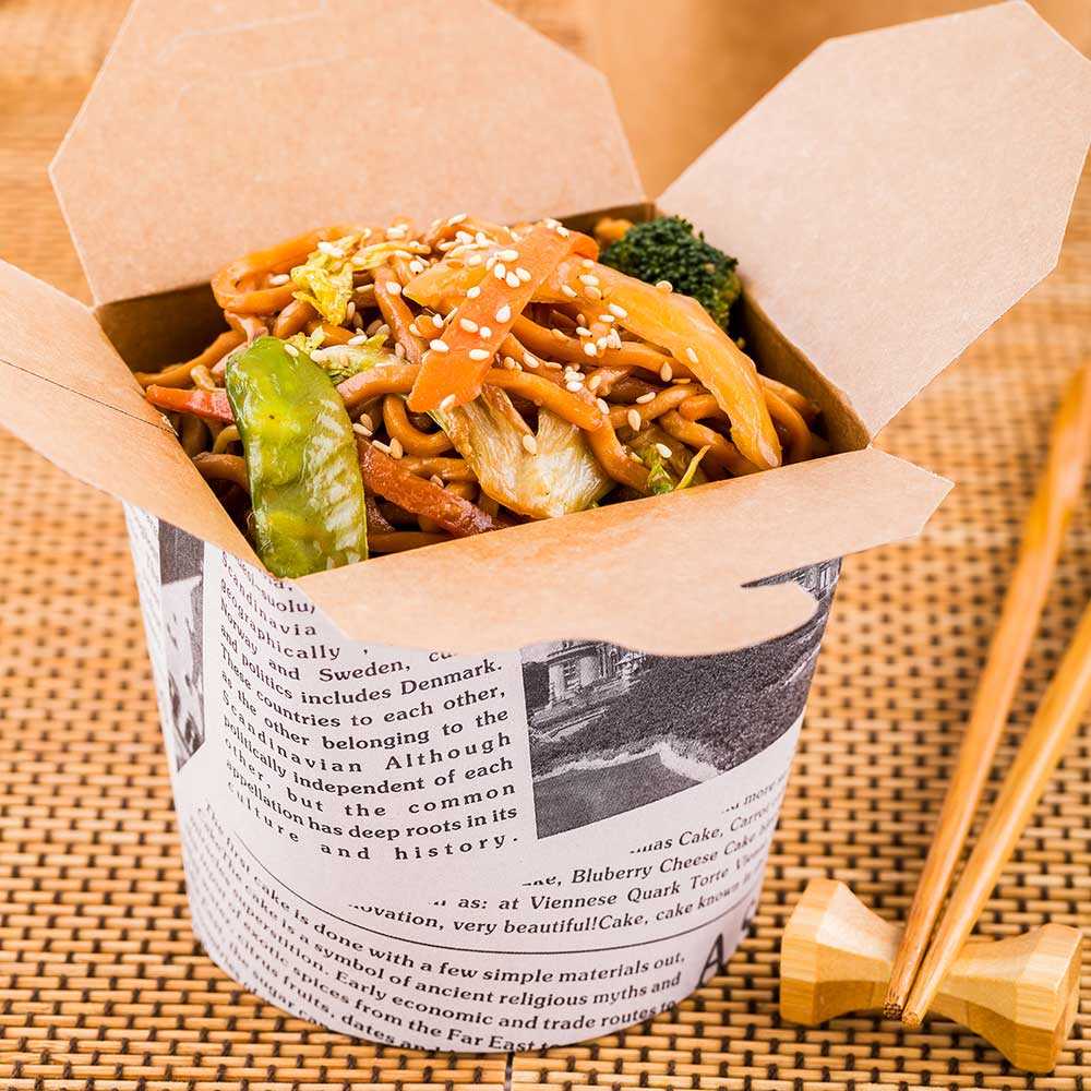 Bio Tek 26 oz Round Newsprint Paper Noodle Take Out Container - 4" x 3 1/2" x 3 3/4" - 50 count box