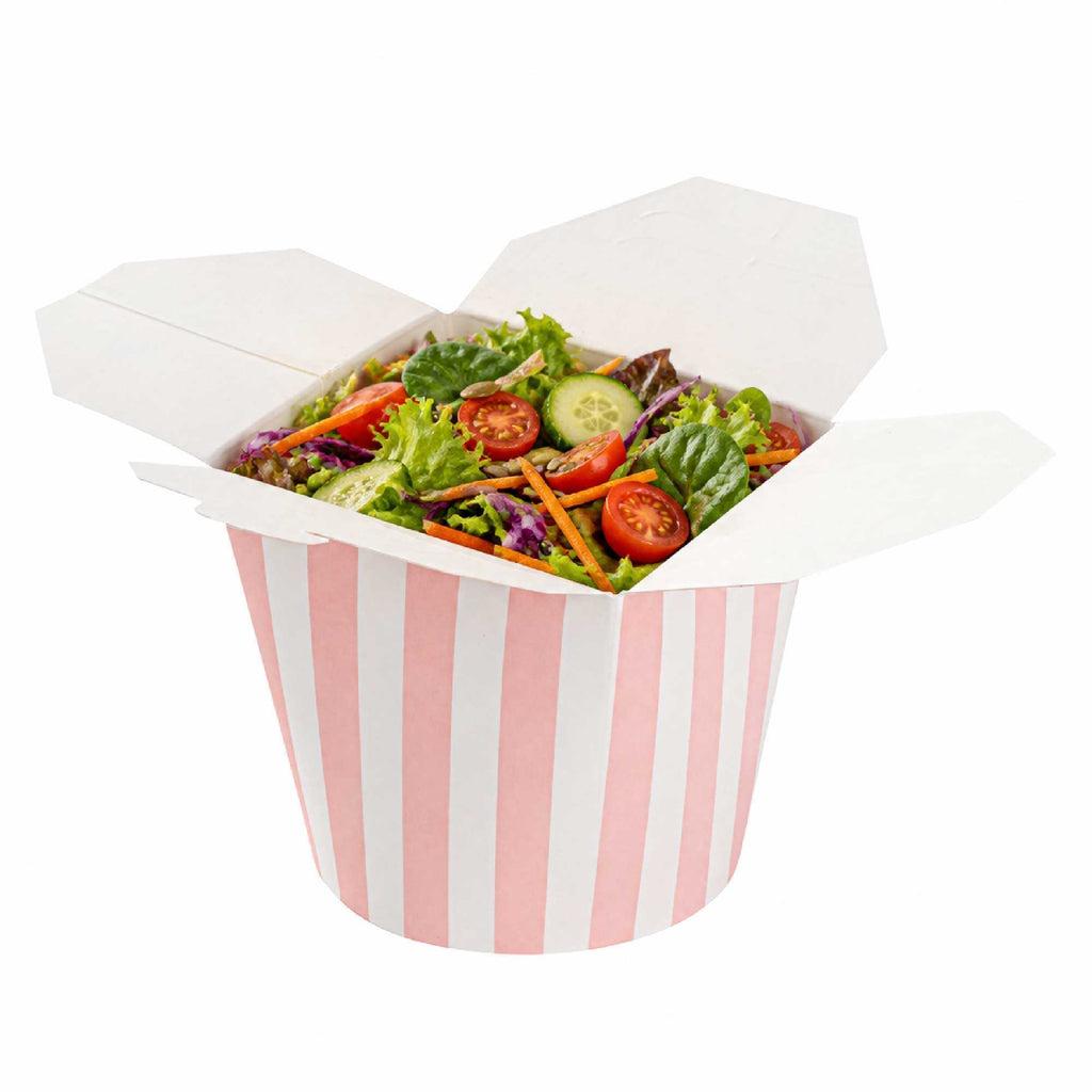 Bio Tek 26 oz Round Pink and White Stripe Paper Noodle Take Out Container - 4" x 3 1/2" x 3 3/4" - 200 count box