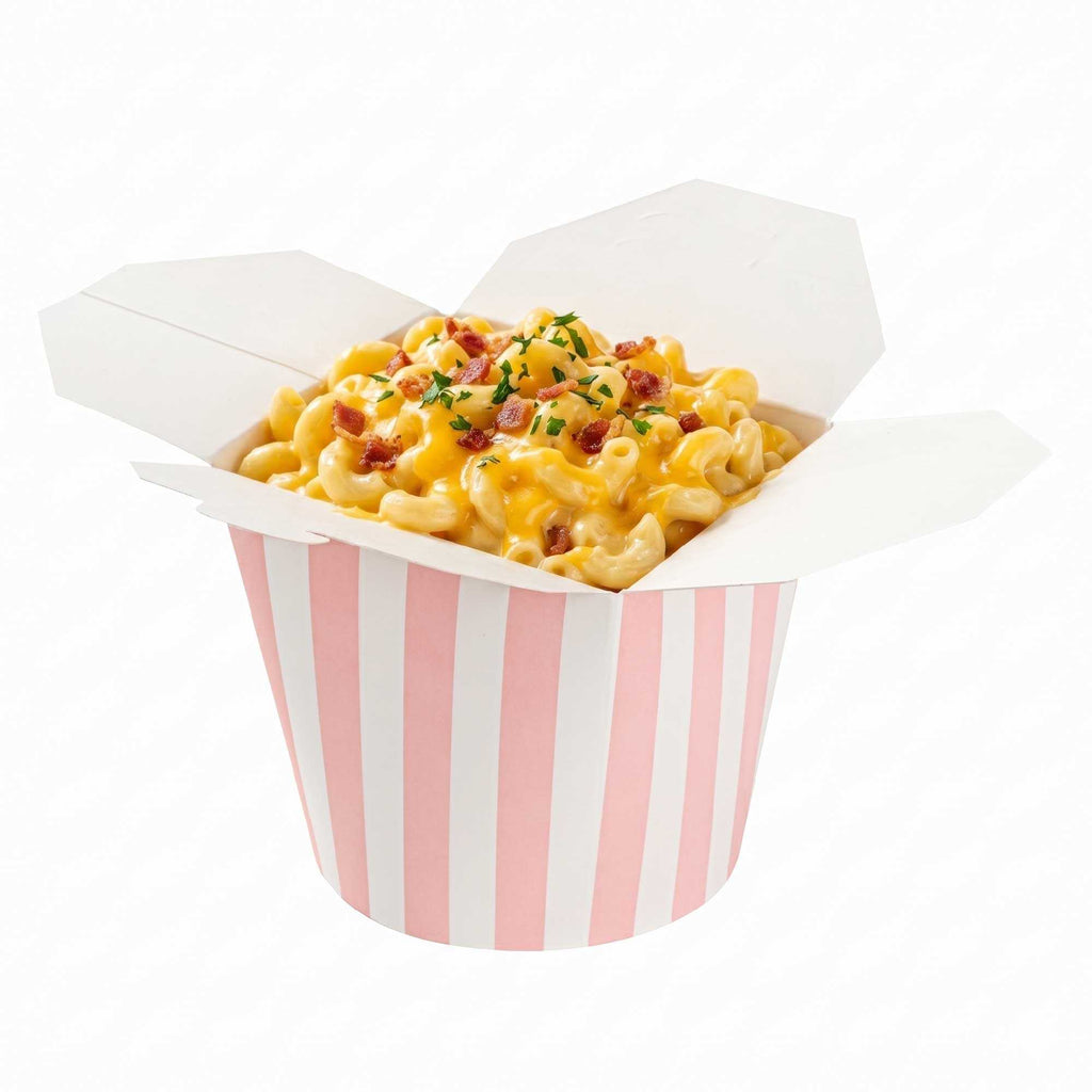 Bio Tek 26 oz Round Pink and White Stripe Paper Noodle Take Out Container - 4" x 3 1/2" x 3 3/4" - 50 count box