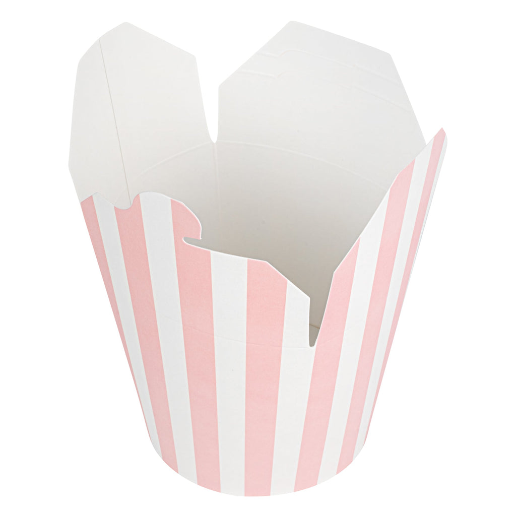 Bio Tek 26 oz Round Pink and White Stripe Paper Noodle Take Out Container - 4" x 3 1/2" x 3 3/4" - 50 count box