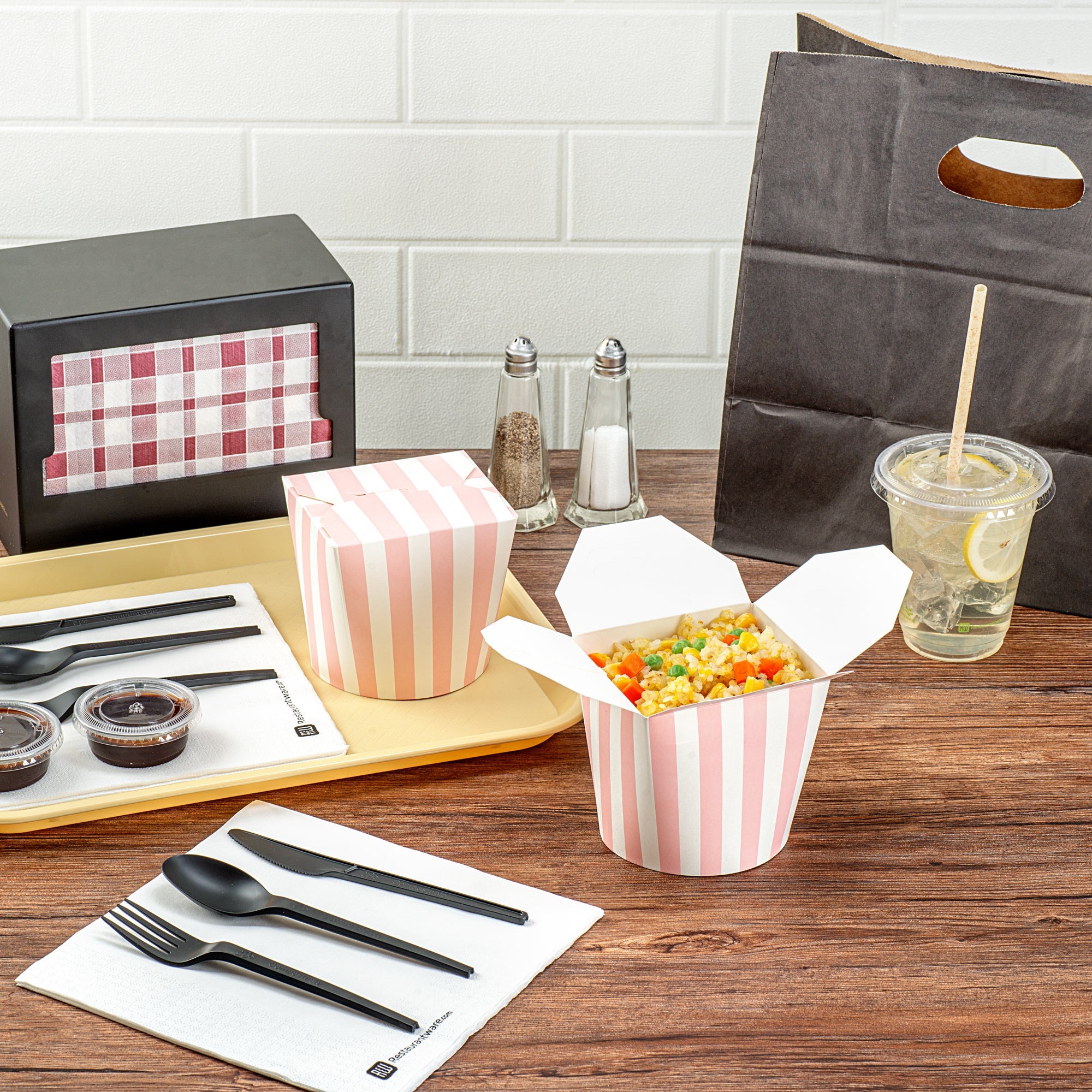Bio Tek 26 oz Round Pink and White Stripe Paper Noodle Take Out Container - 4" x 3 1/2" x 3 3/4" - 50 count box