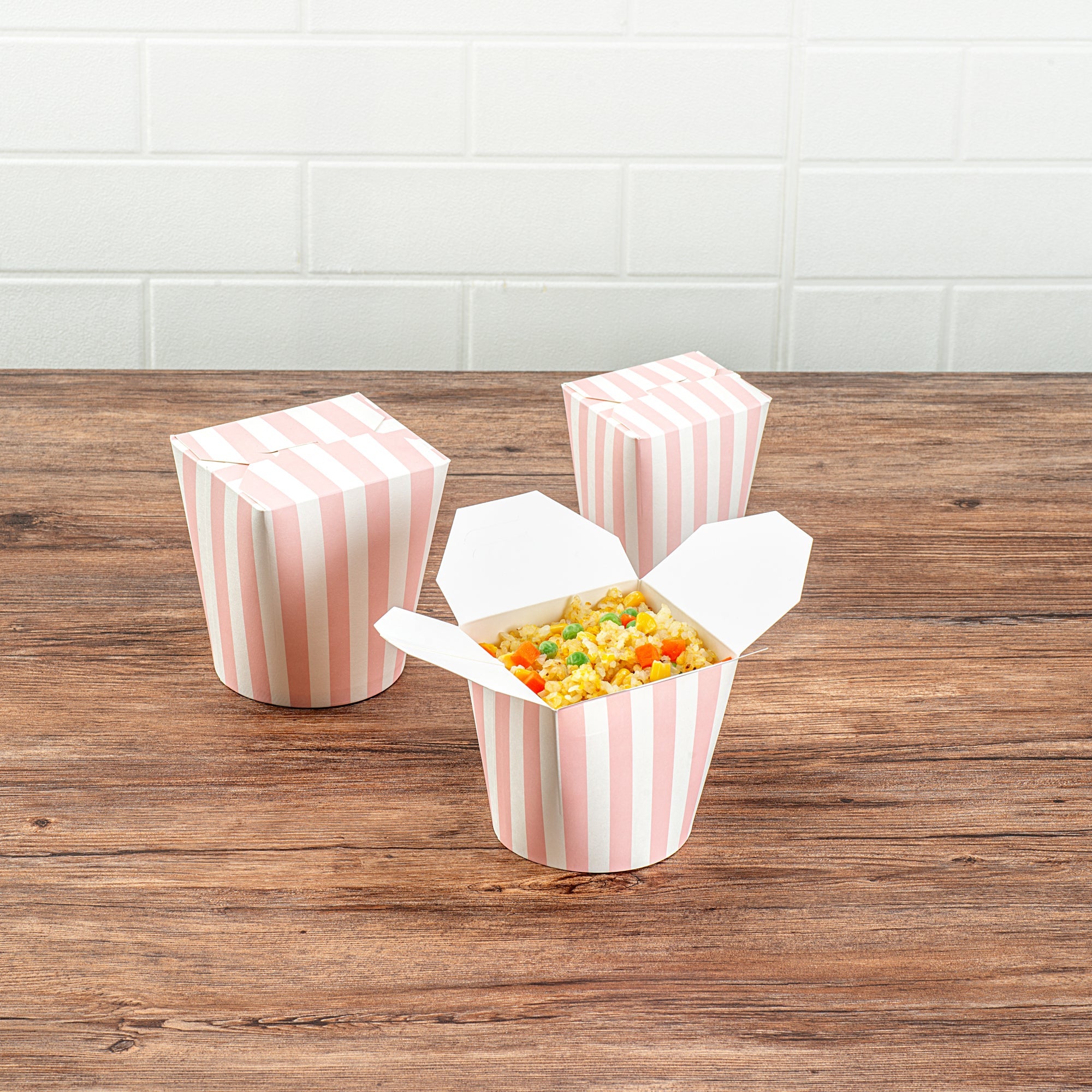 Bio Tek 26 oz Round Pink and White Stripe Paper Noodle Take Out Container - 4" x 3 1/2" x 3 3/4" - 50 count box