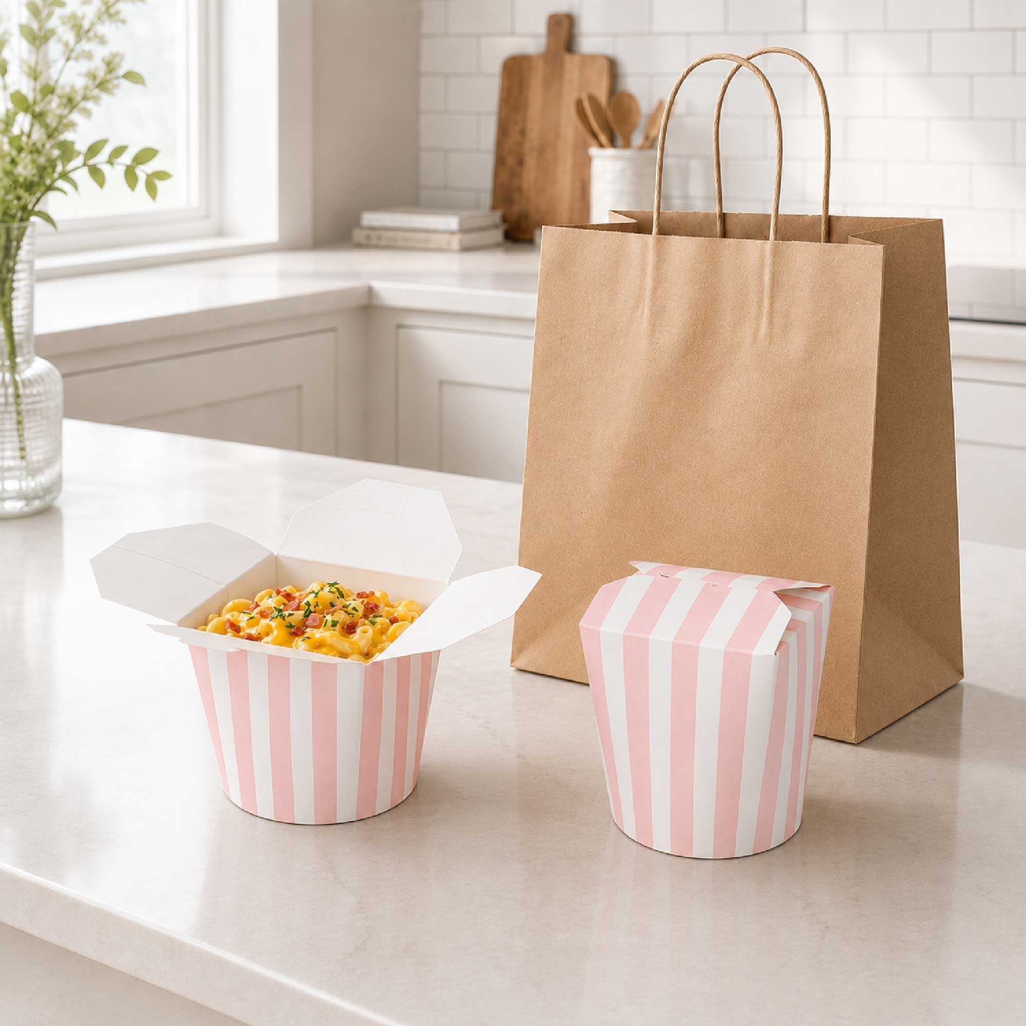 Bio Tek 26 oz Round Pink and White Stripe Paper Noodle Take Out Container - 4" x 3 1/2" x 3 3/4" - 200 count box
