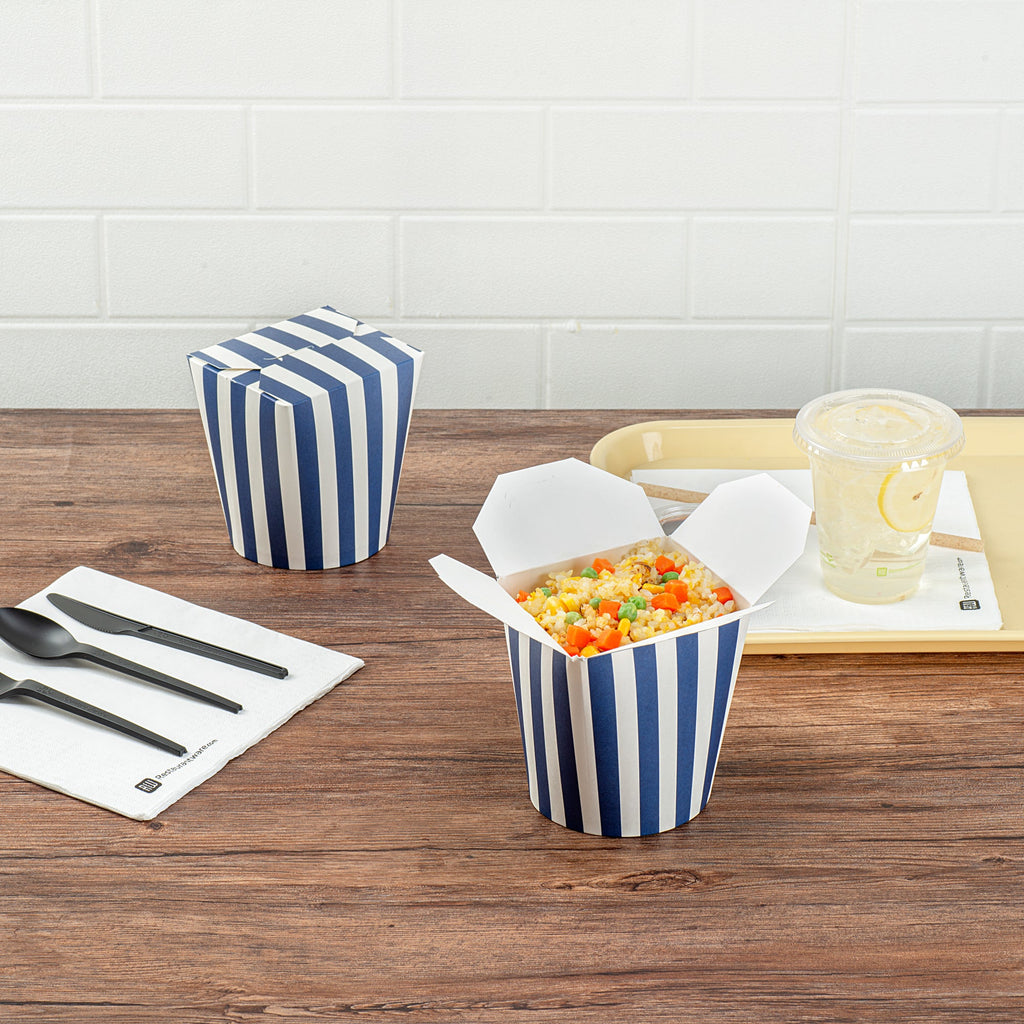 Bio Tek 32 oz Round Blue and White Stripe Paper Noodle Take Out Container - 4" x 3 1/2" x 4 1/2" - 50 count box