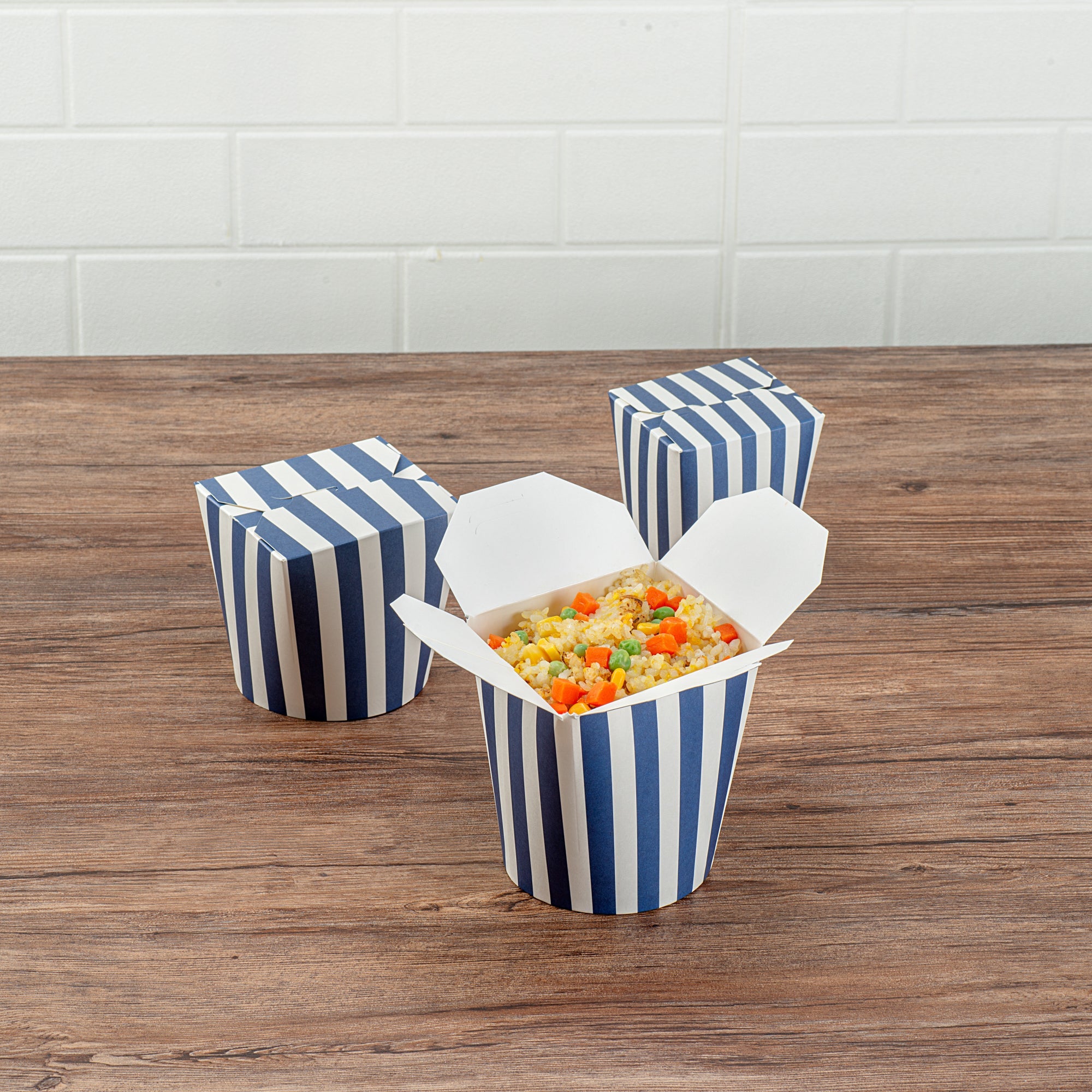 Bio Tek 32 oz Round Blue and White Stripe Paper Noodle Take Out Container - 4" x 3 1/2" x 4 1/2" - 50 count box