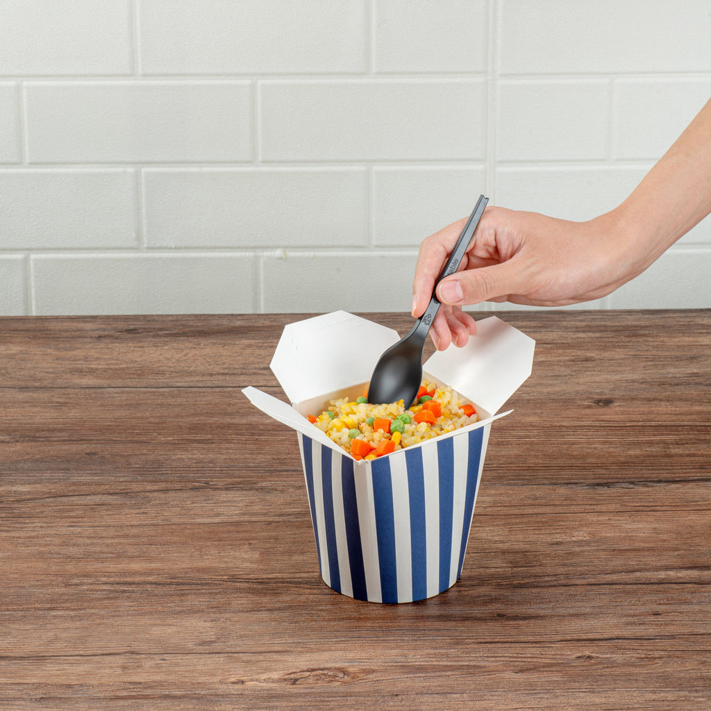 Bio Tek 32 oz Round Blue and White Stripe Paper Noodle Take Out Container - 4" x 3 1/2" x 4 1/2" - 200 count box