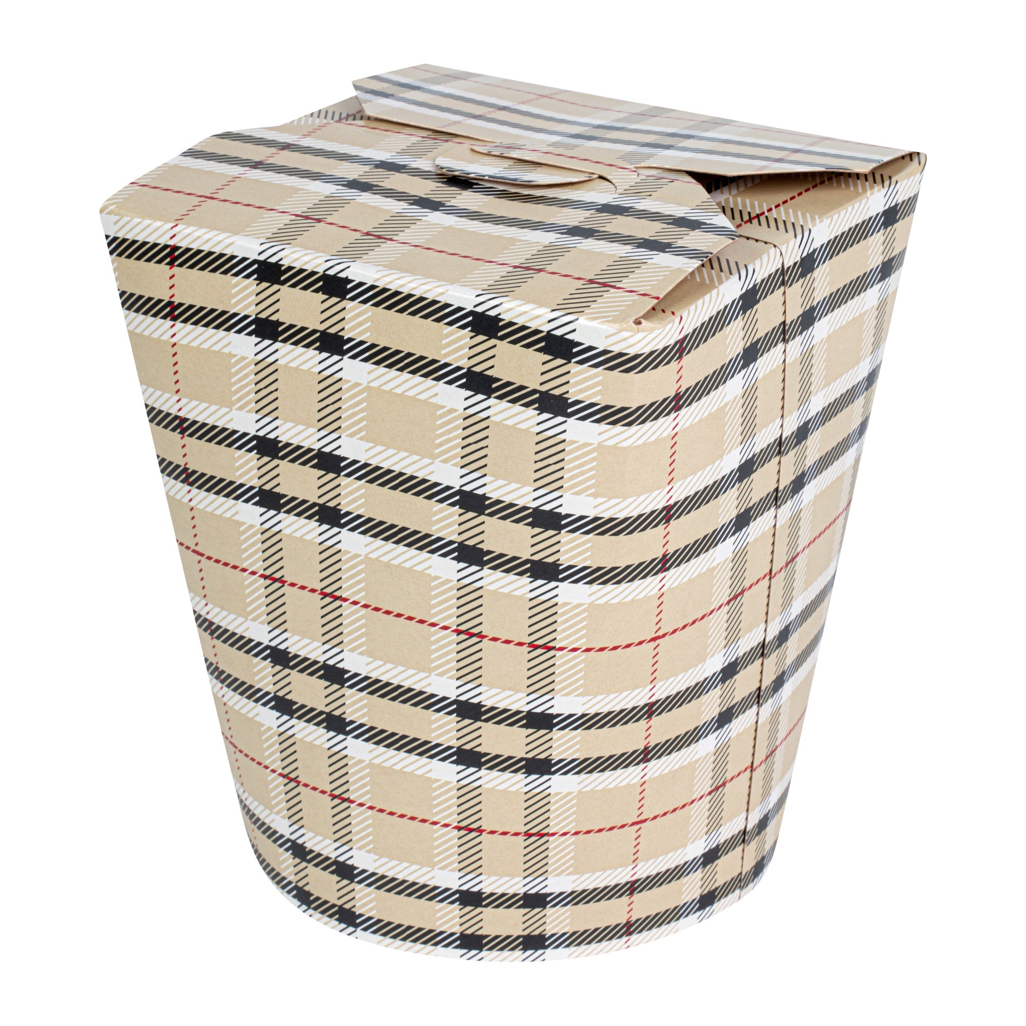 Bio Tek 32 oz Round Plaid Paper Noodle Take Out Container - 4" x 3 1/2" x 4 1/2" - 50 count box