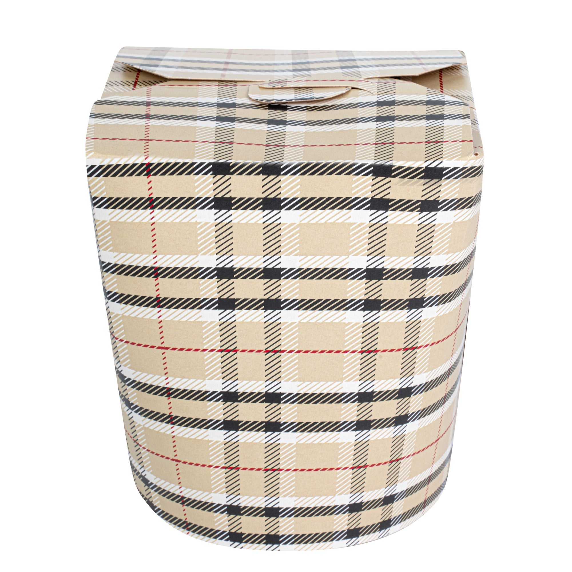 Bio Tek 32 oz Round Plaid Paper Noodle Take Out Container - 4" x 3 1/2" x 4 1/2" - 50 count box